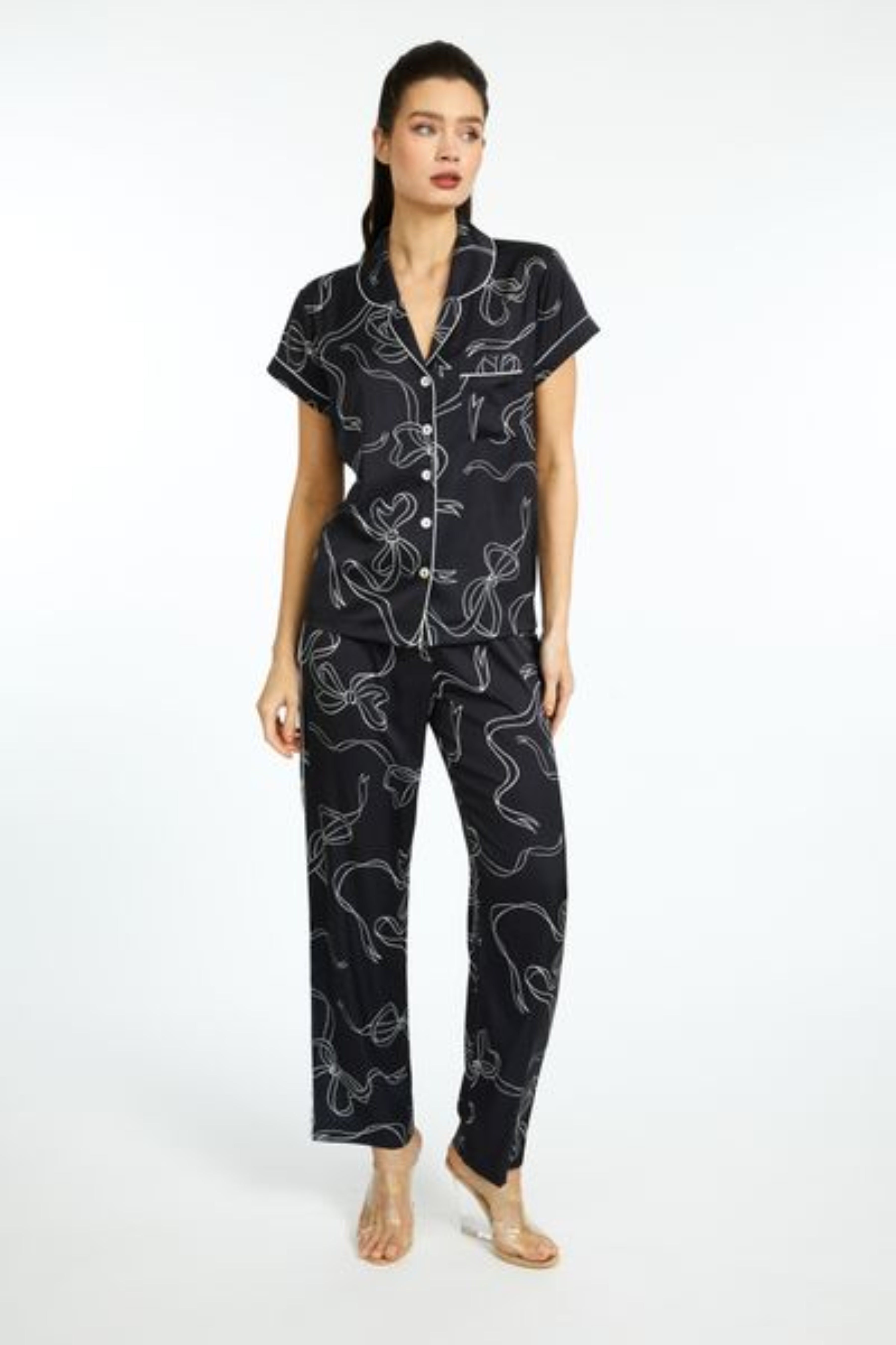 Bow Black PJ Short Sleeve with Long Pant Set