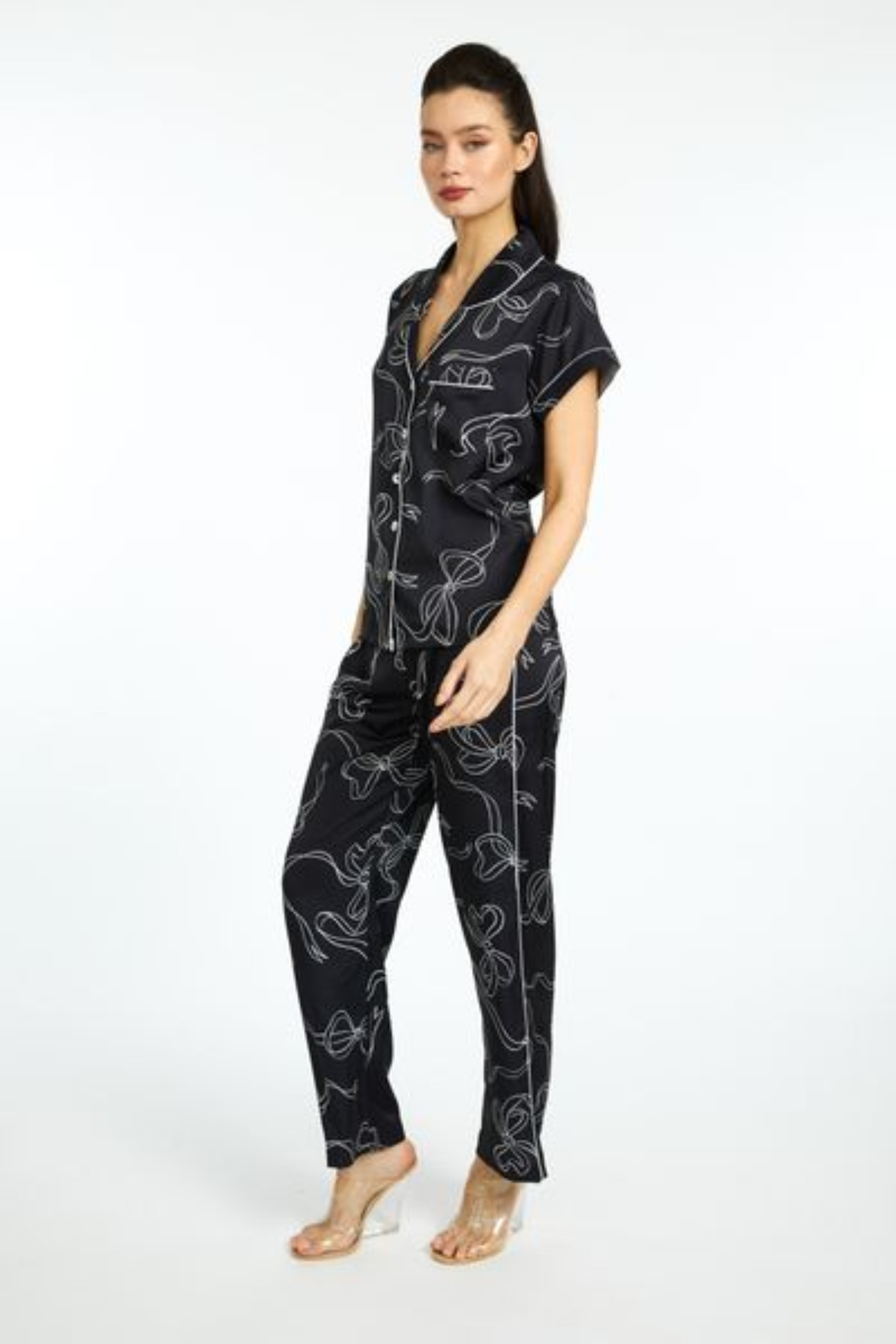 Bow Black PJ Short Sleeve with Long Pant Set
