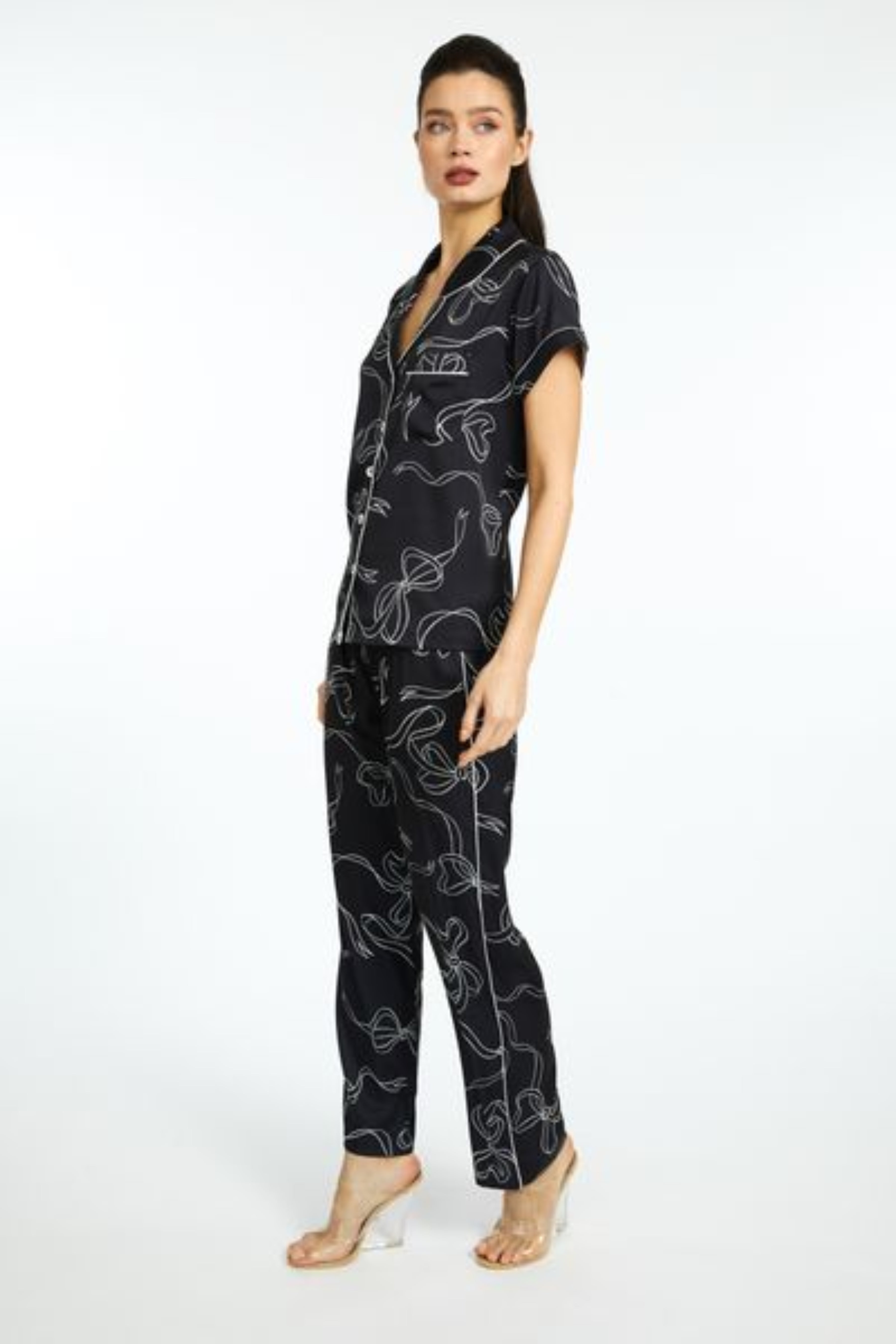Bow Black PJ Short Sleeve with Long Pant Set