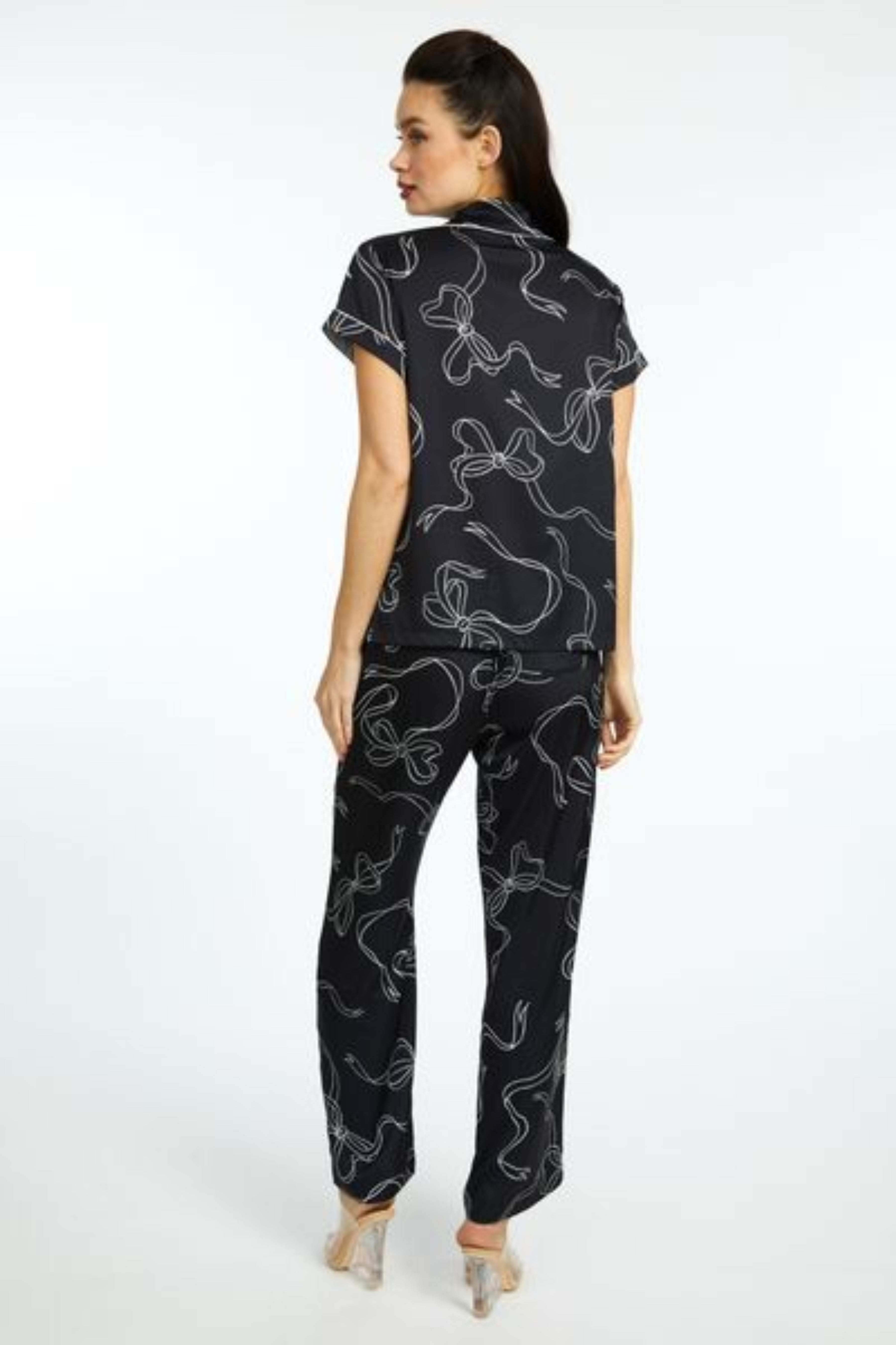 Bow Black PJ Short Sleeve with Long Pant Set