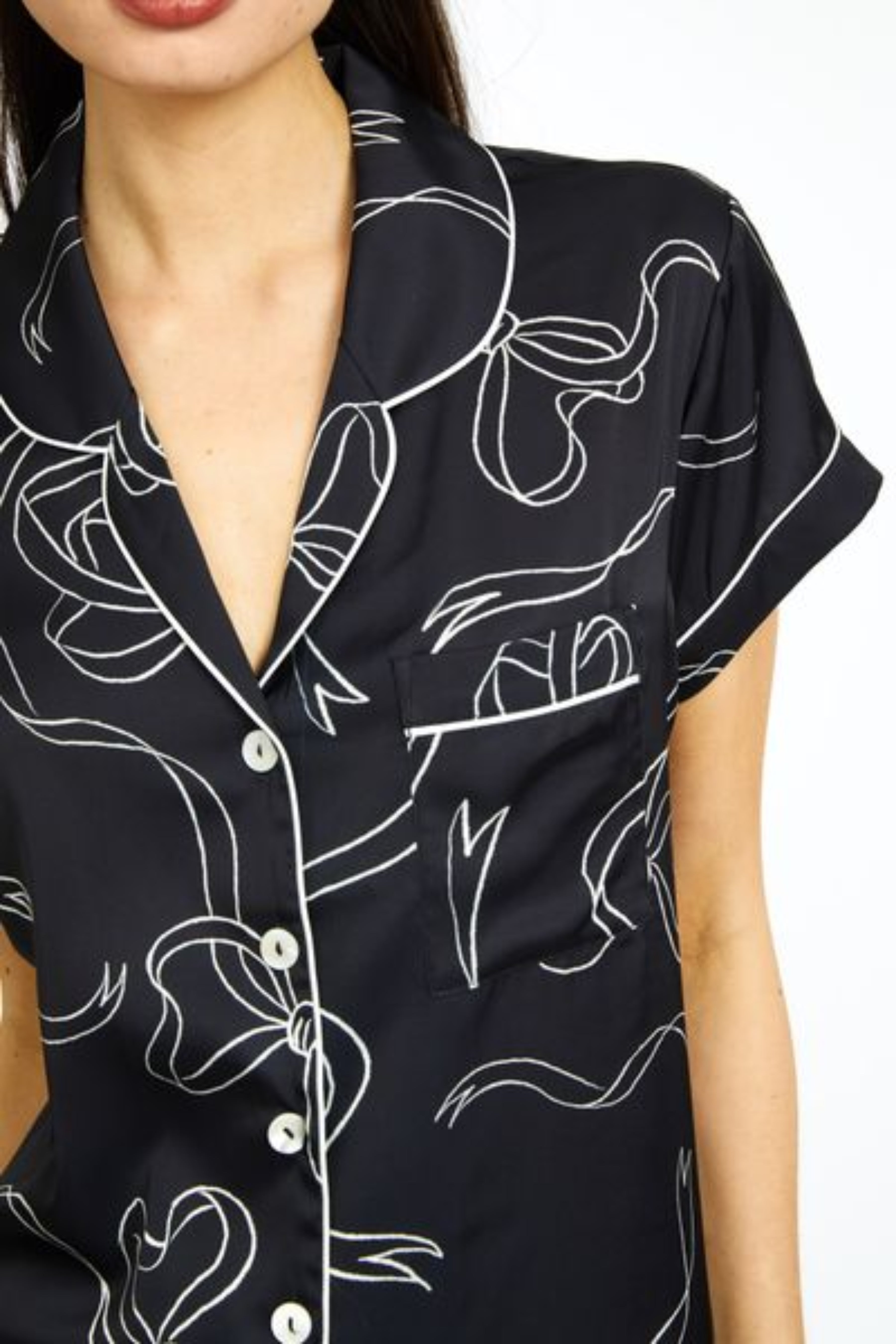 Bow Black PJ Short Sleeve with Long Pant Set
