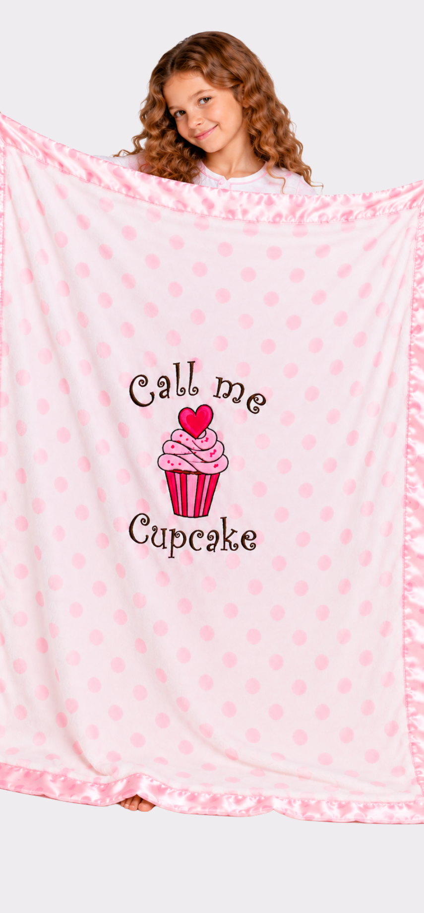 Call Me Cupcake Baby Blanket – Pink Polka Dot Satin Trim | 60" × 40"