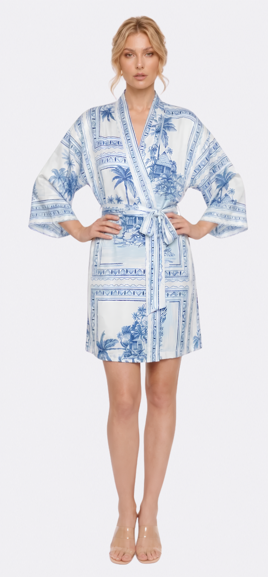 Bungalow Blue Poly-Silk Short Kimono Robe