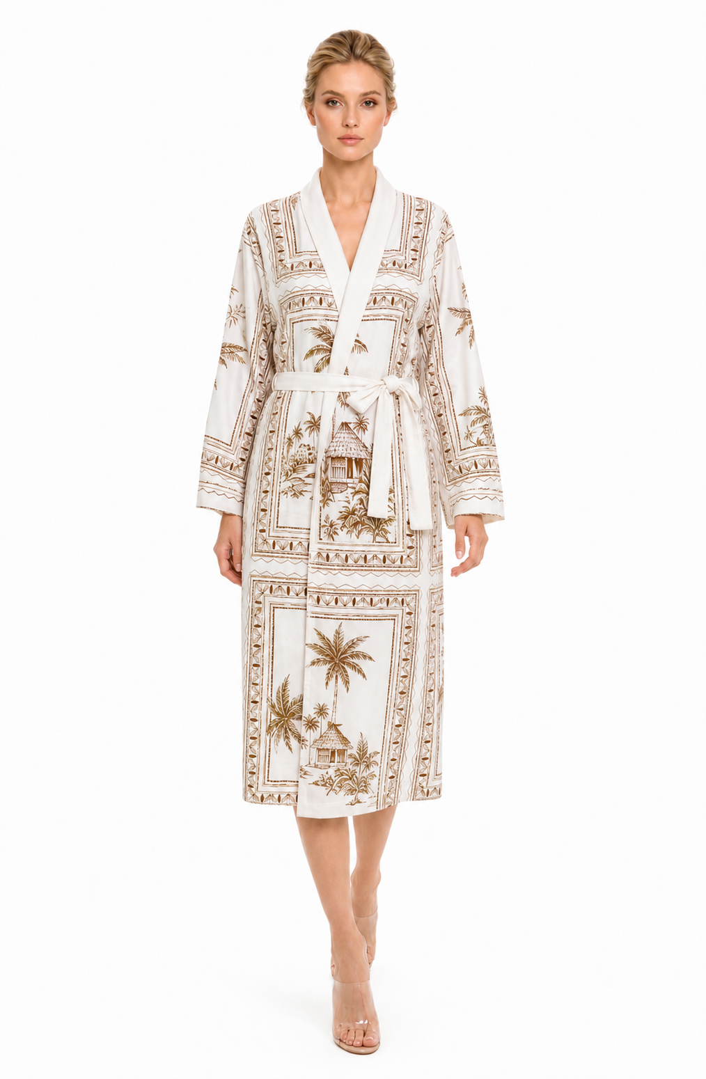 Bungalow Golden Brown Long Robe | Luxury Tropical Toile Resort Robe