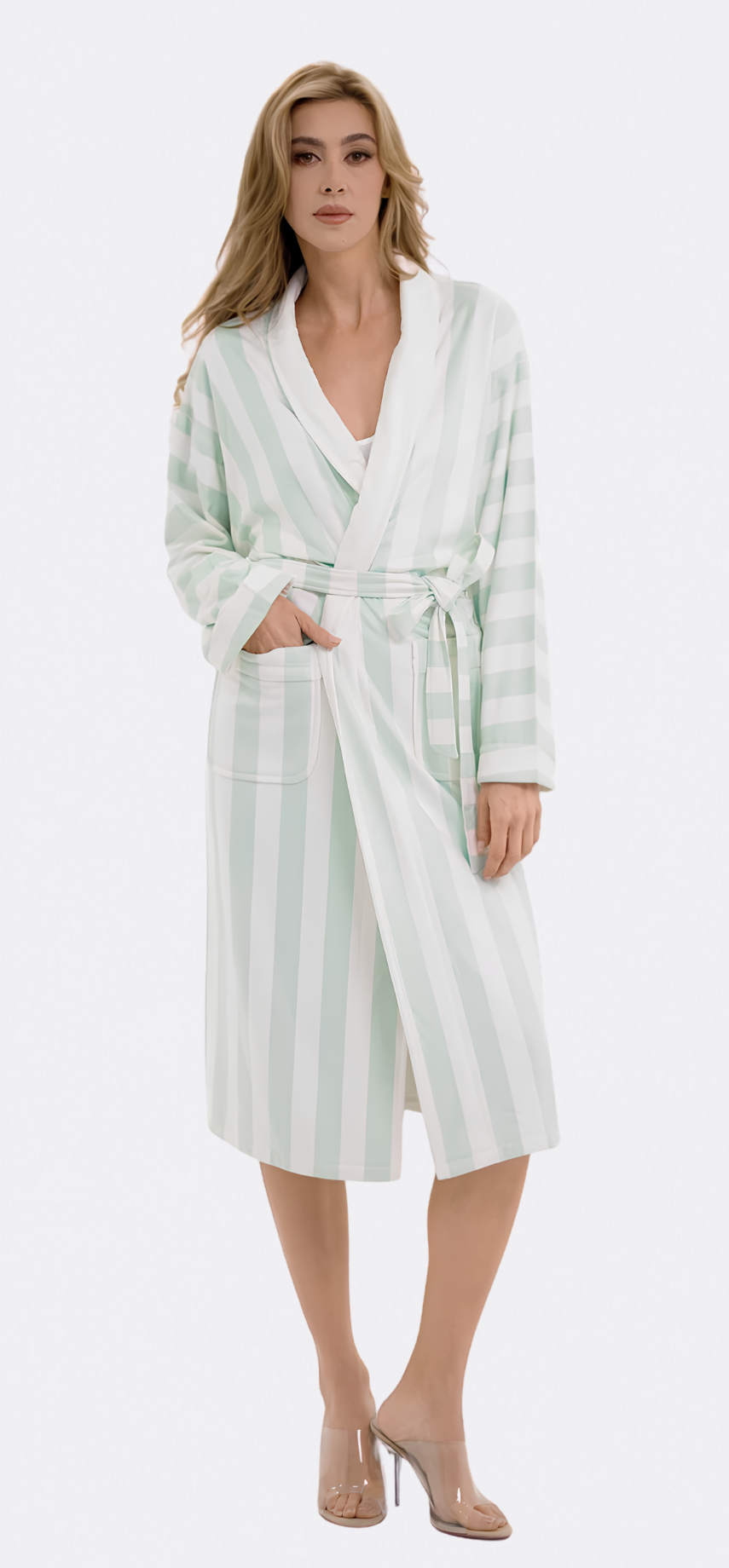 Cabana Mint Long Robe | Luxury Striped Resort Robe