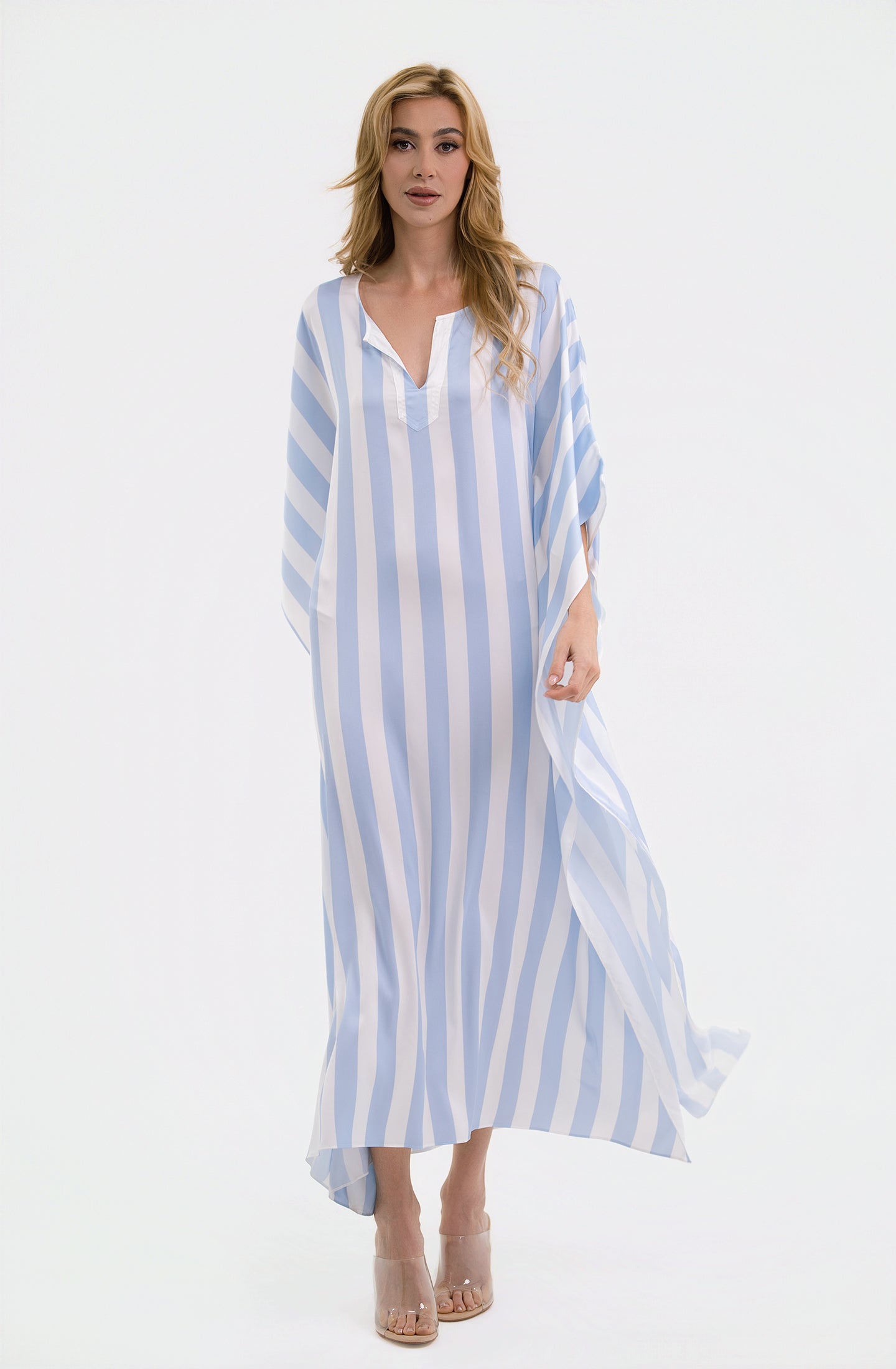 Cabana Blue Long Caftan | Luxury Striped Resort Caftan