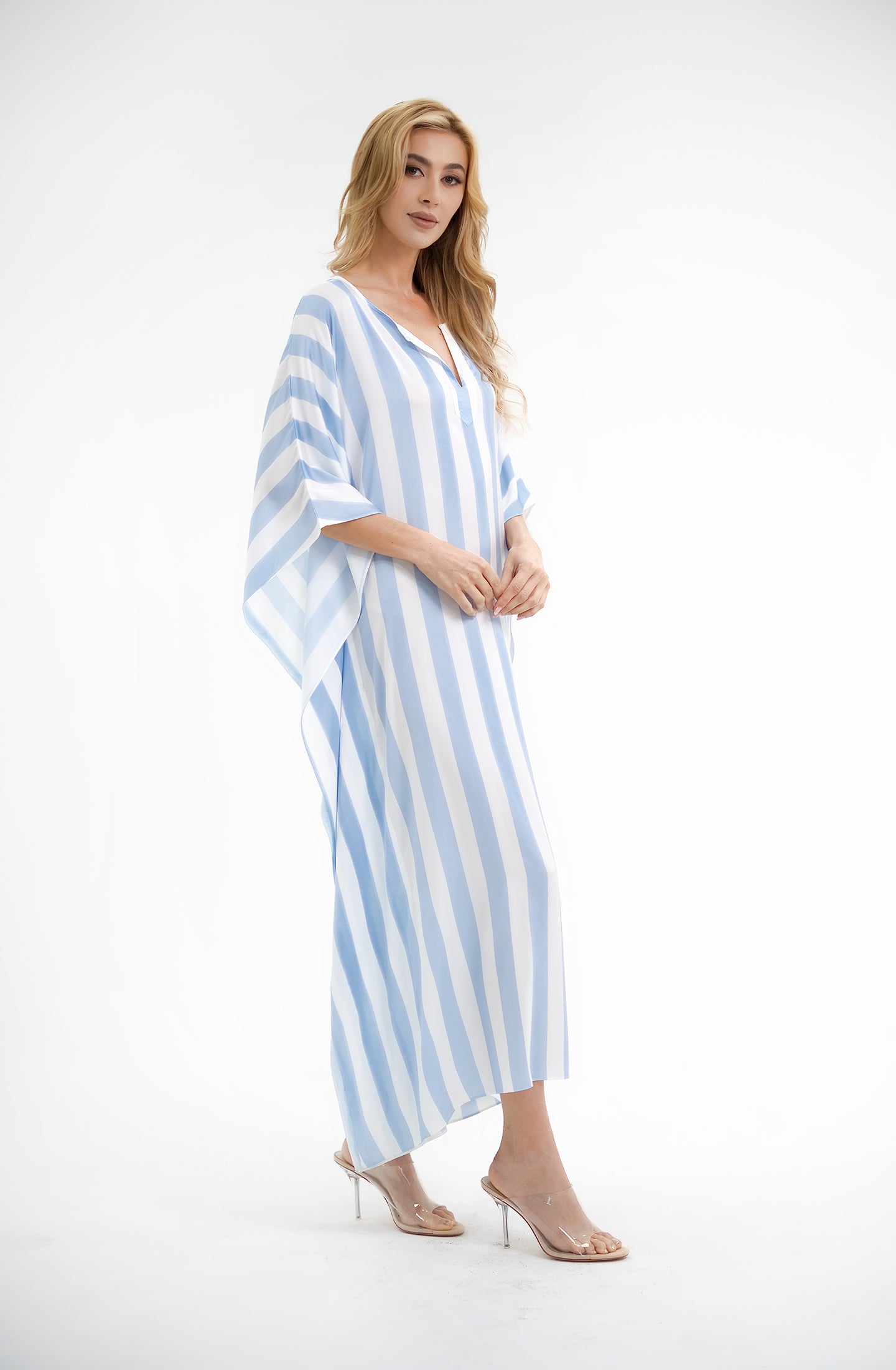 Cabana Blue Long Caftan | Luxury Striped Resort Caftan