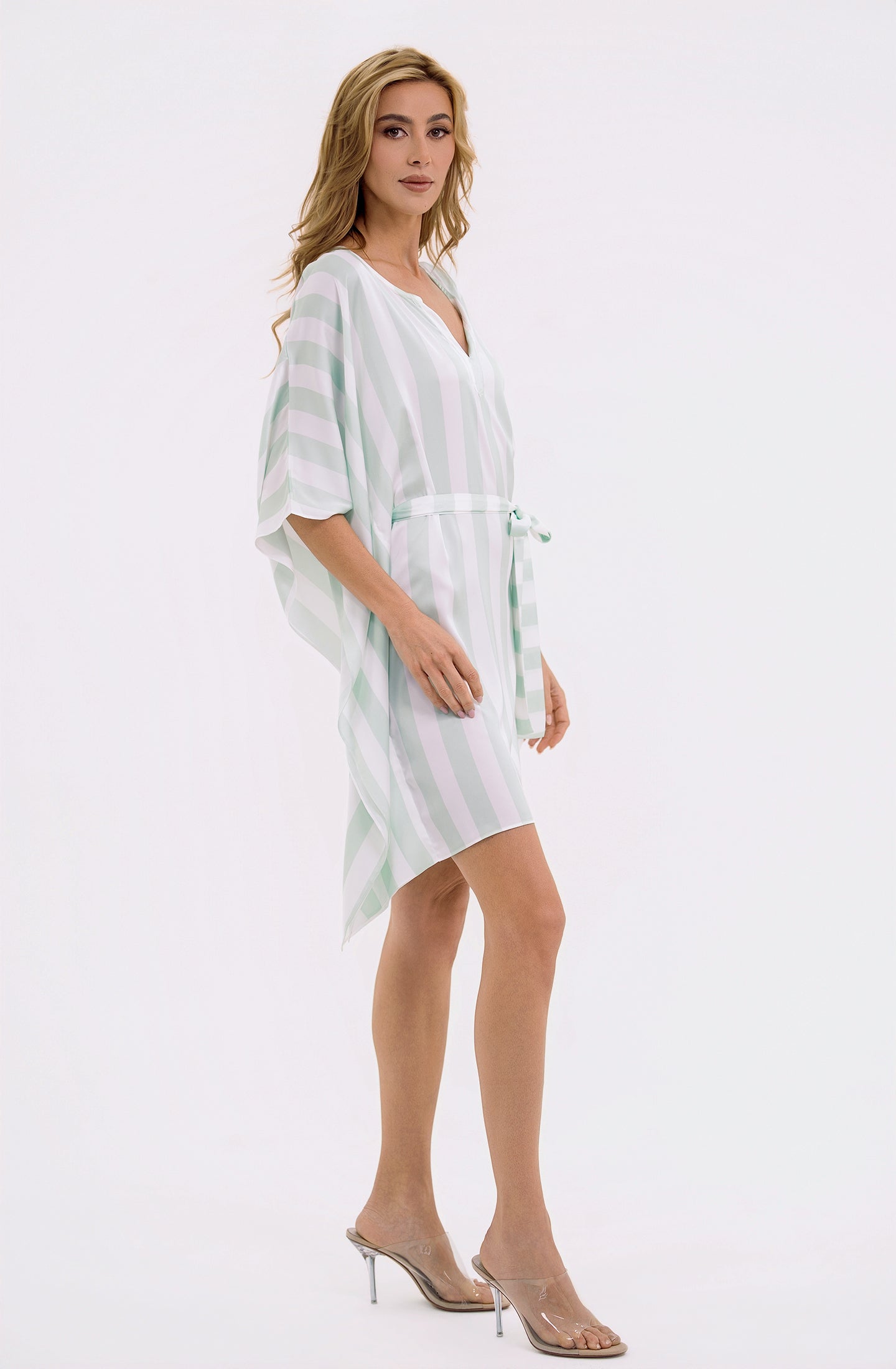 Cabana Mint Short Caftan | Luxury Striped Resort Caftan