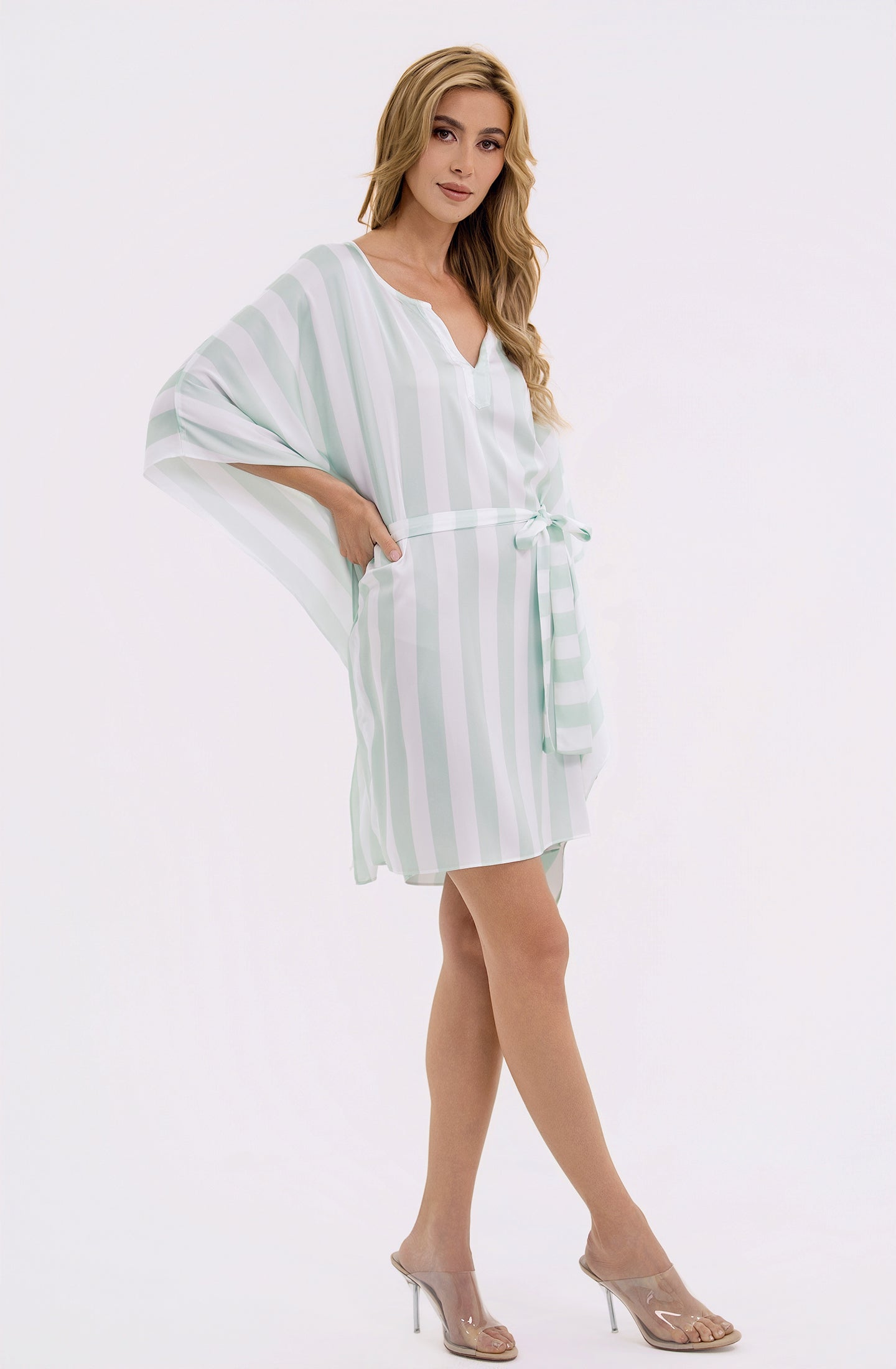 Cabana Mint Short Caftan | Luxury Striped Resort Caftan