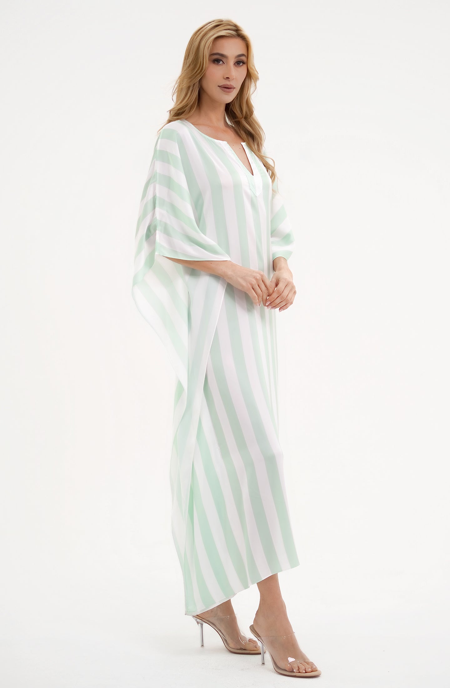 Cabana Mint Long Caftan | Luxury Striped Resort Caftan