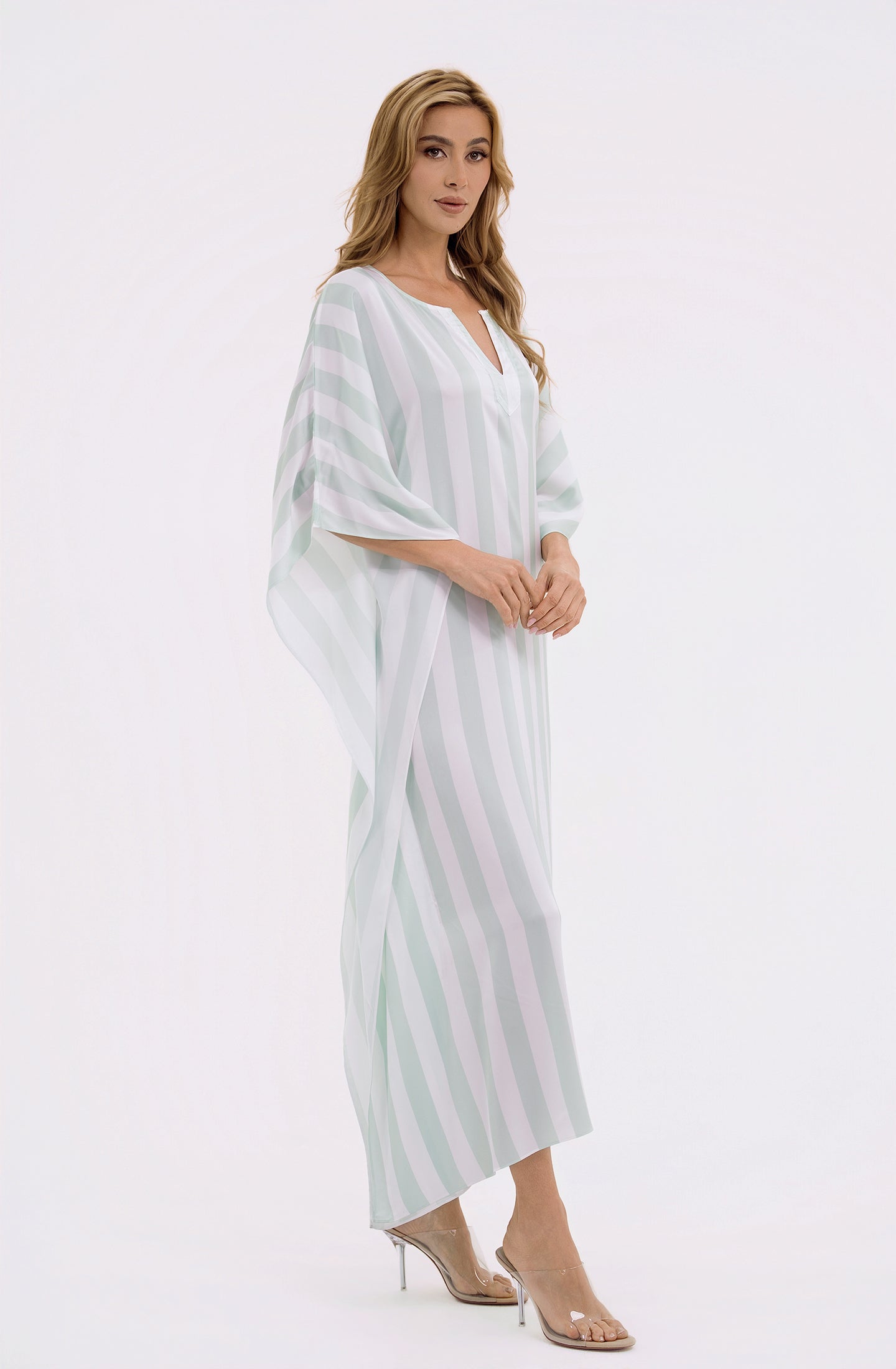 Cabana Mint Long Caftan | Luxury Striped Resort Caftan