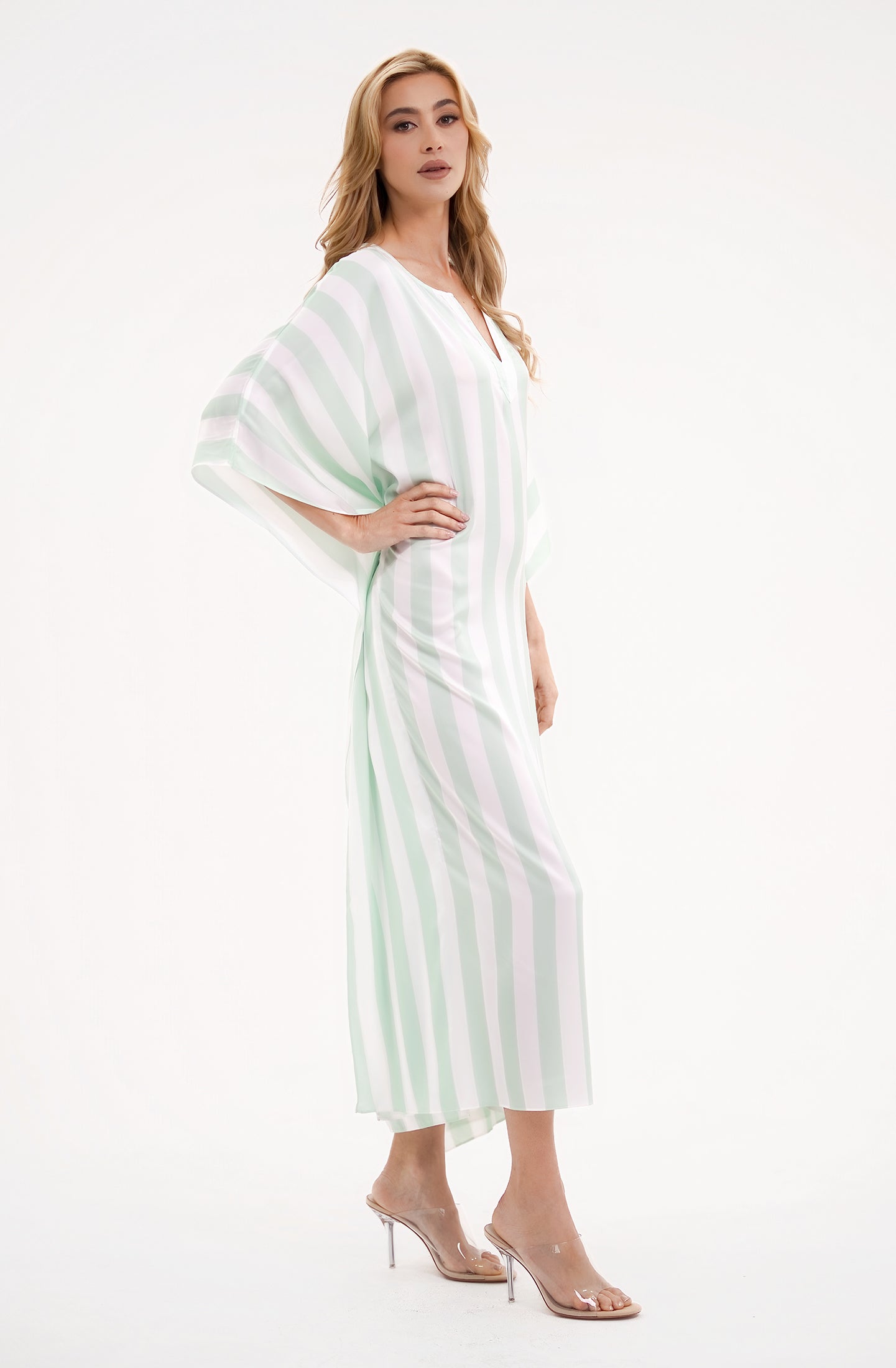 Cabana Mint Long Caftan | Luxury Striped Resort Caftan