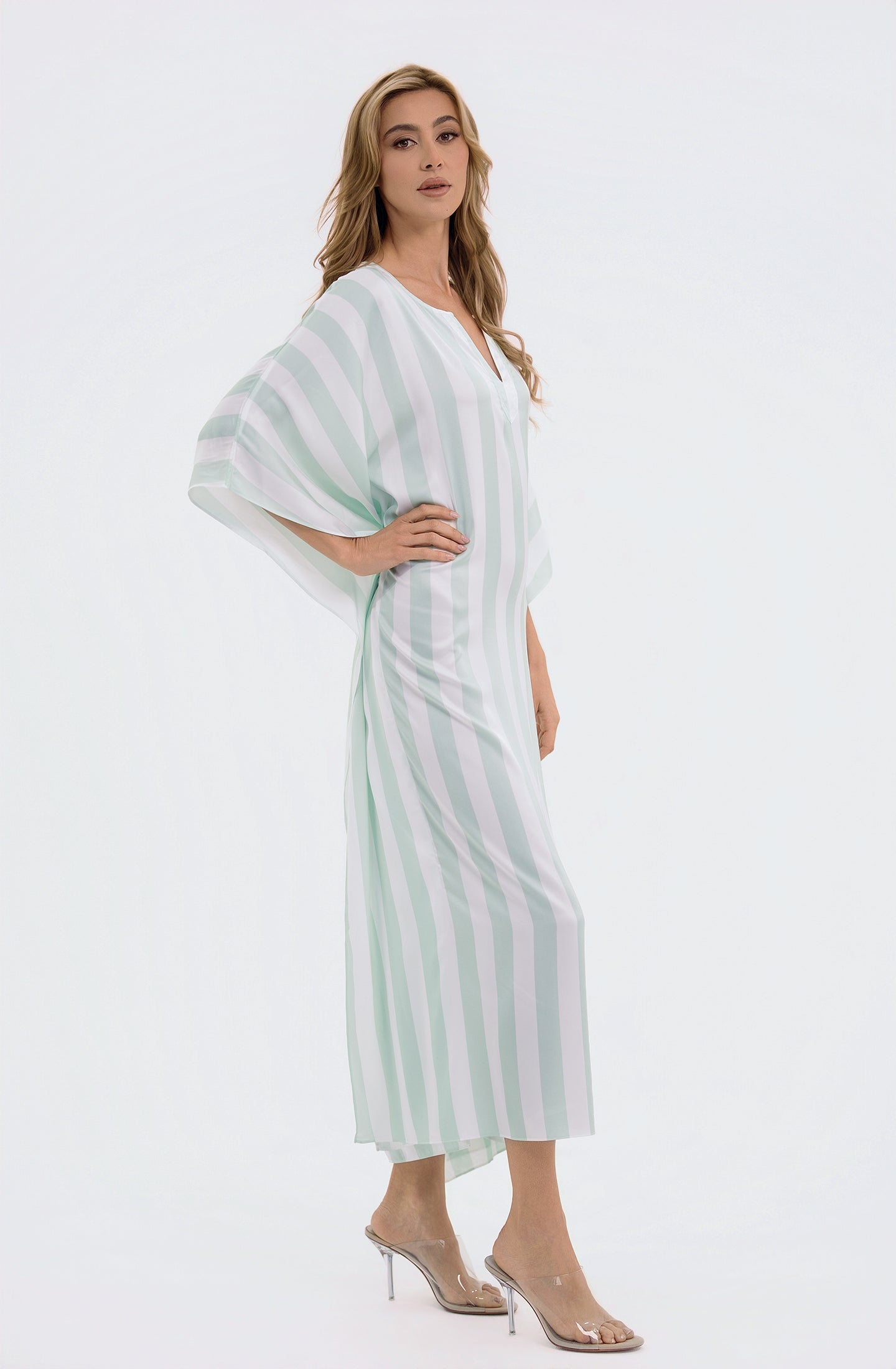 Cabana Mint Long Caftan | Luxury Striped Resort Caftan