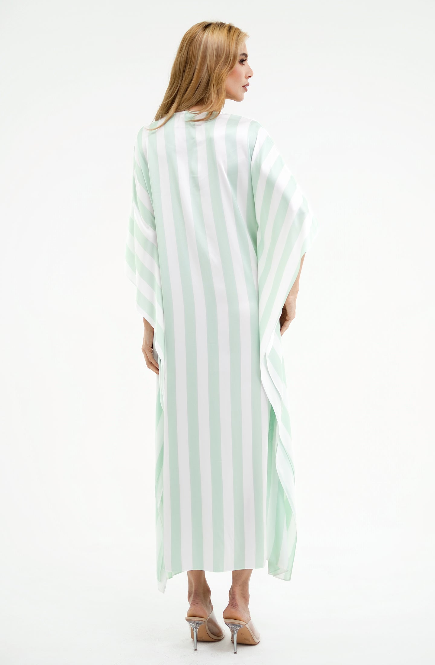 Cabana Mint Long Caftan | Luxury Striped Resort Caftan