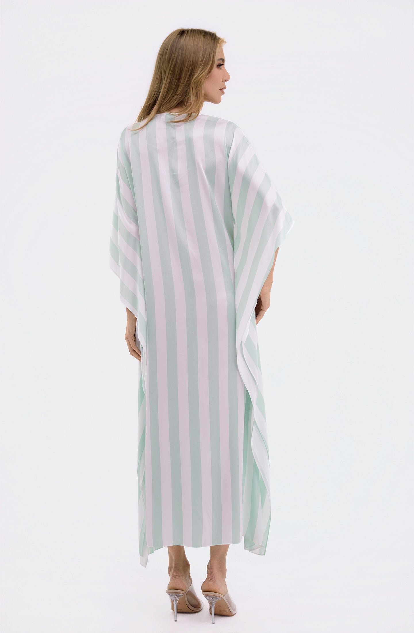 Cabana Mint Long Caftan | Luxury Striped Resort Caftan