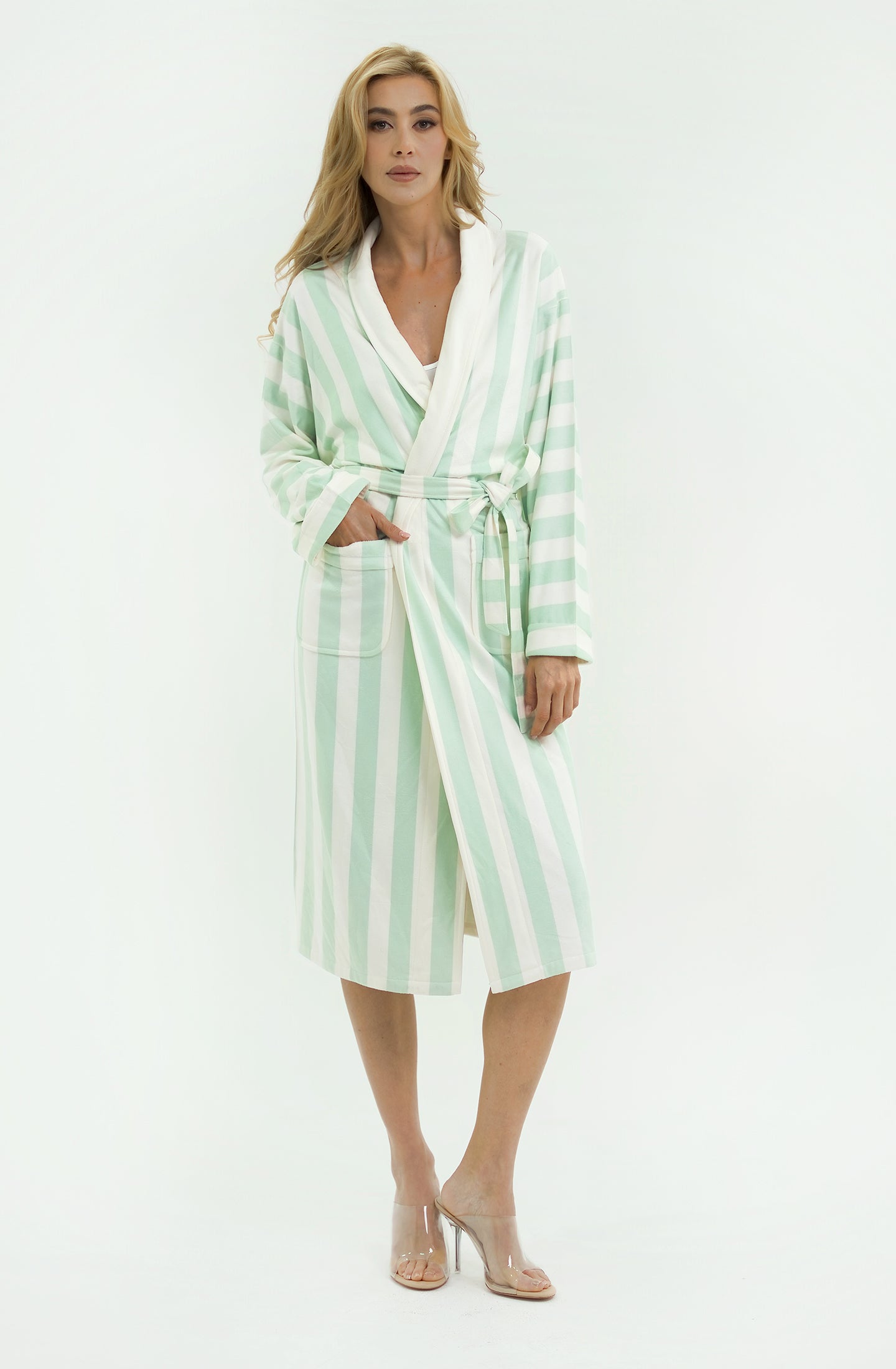 Cabana Mint Long Robe | Luxury Striped Resort Robe