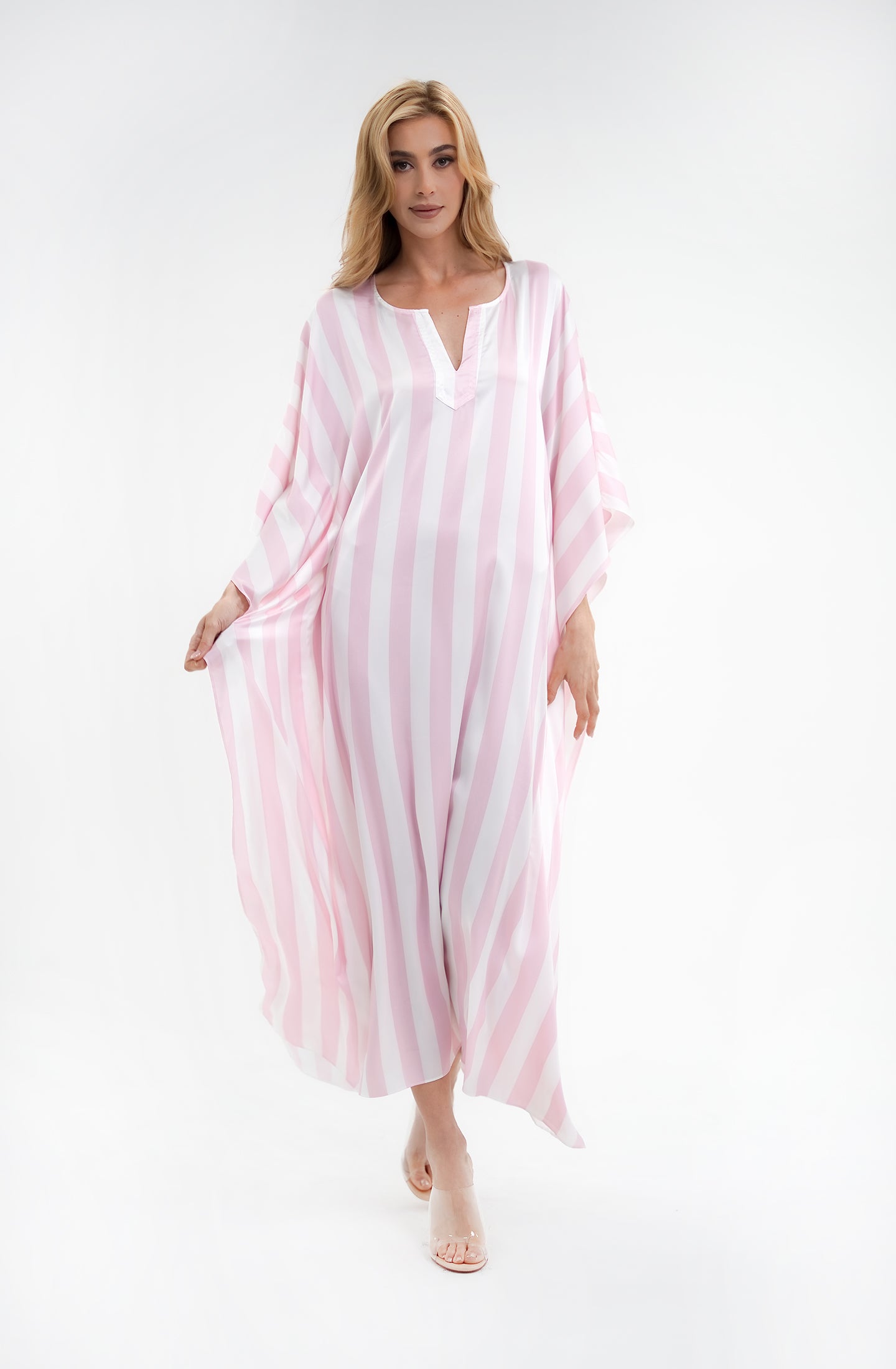Cabana Pink Long Caftan | Luxury Striped Resort Caftan