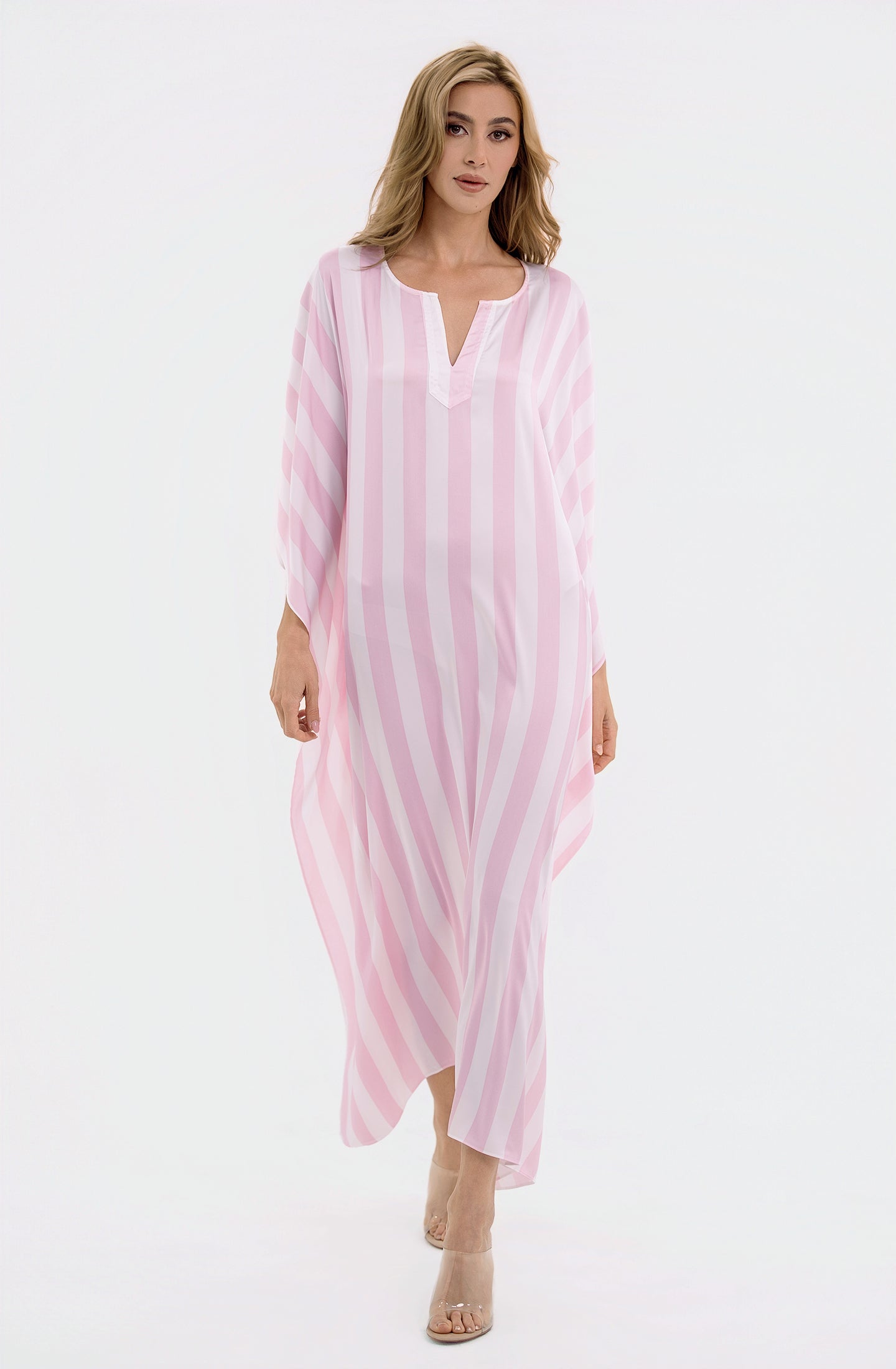 Cabana Pink Long Caftan | Luxury Striped Resort Caftan