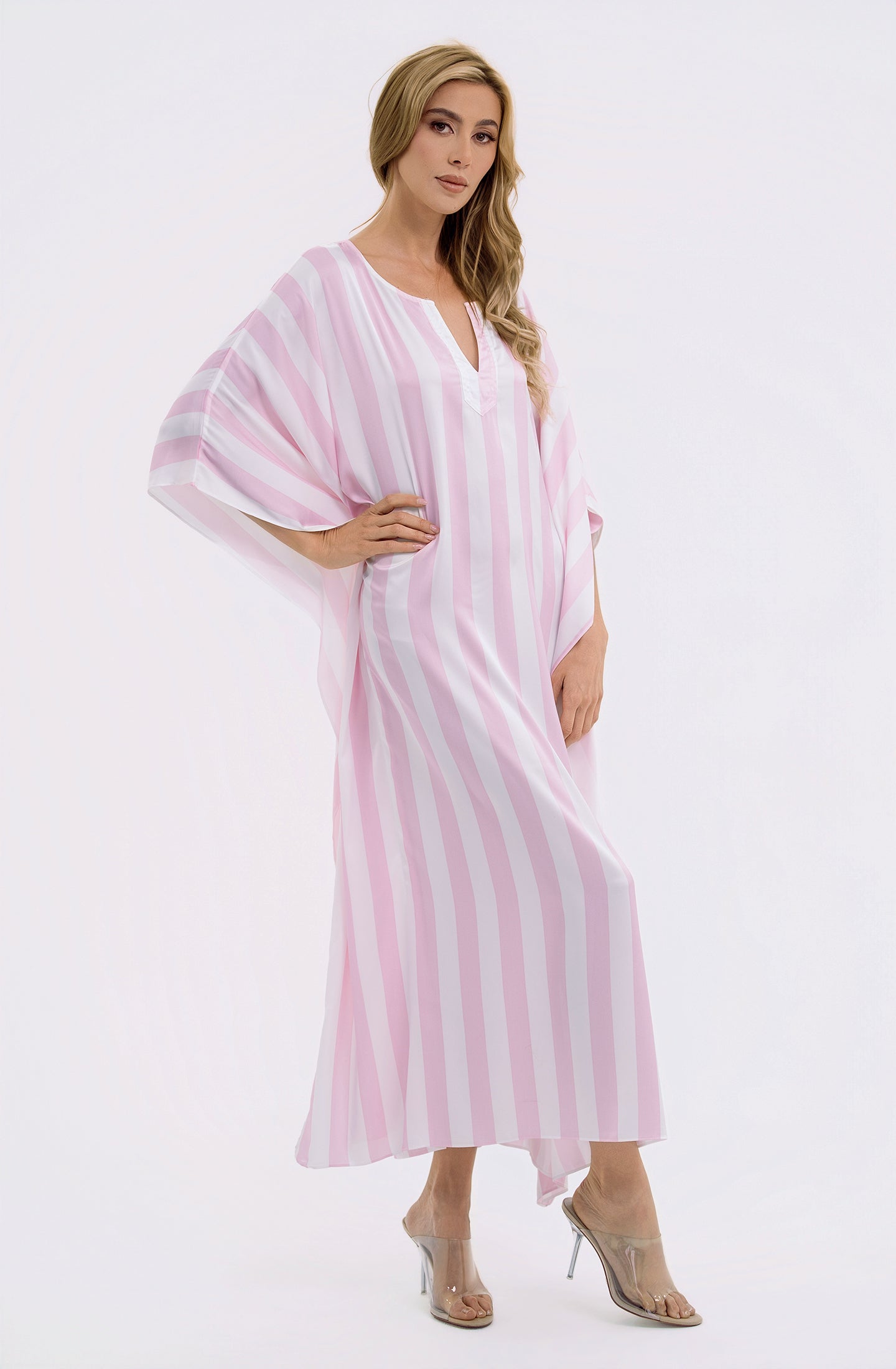 Cabana Pink Long Caftan | Luxury Striped Resort Caftan