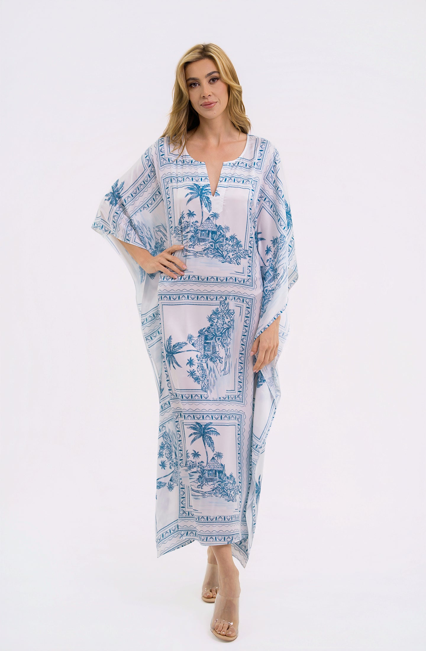 Bungalow Blue Long Caftan | Luxury Tropical Toile Resort Caftan