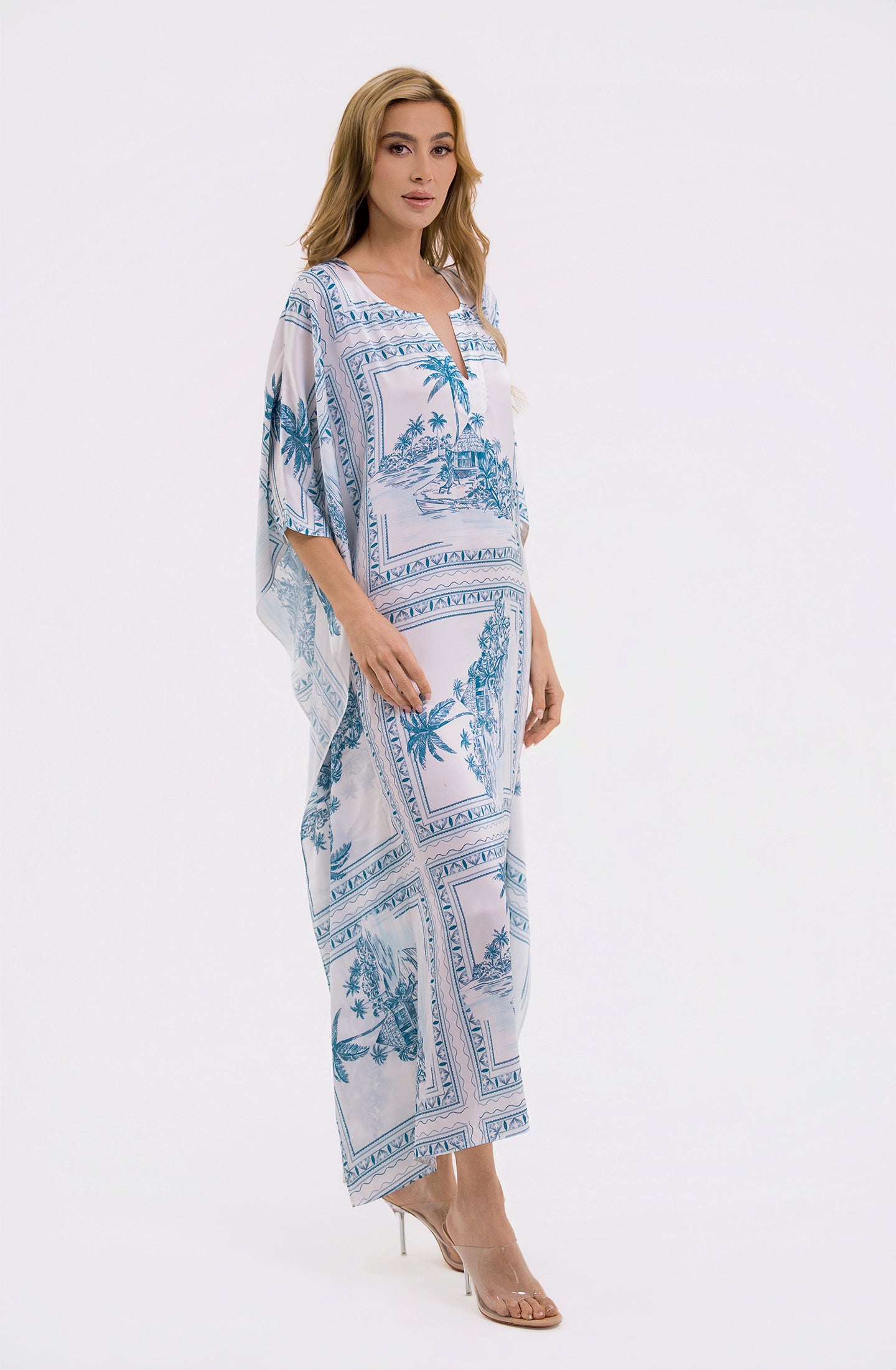 Bungalow Blue Long Caftan | Luxury Tropical Toile Resort Caftan