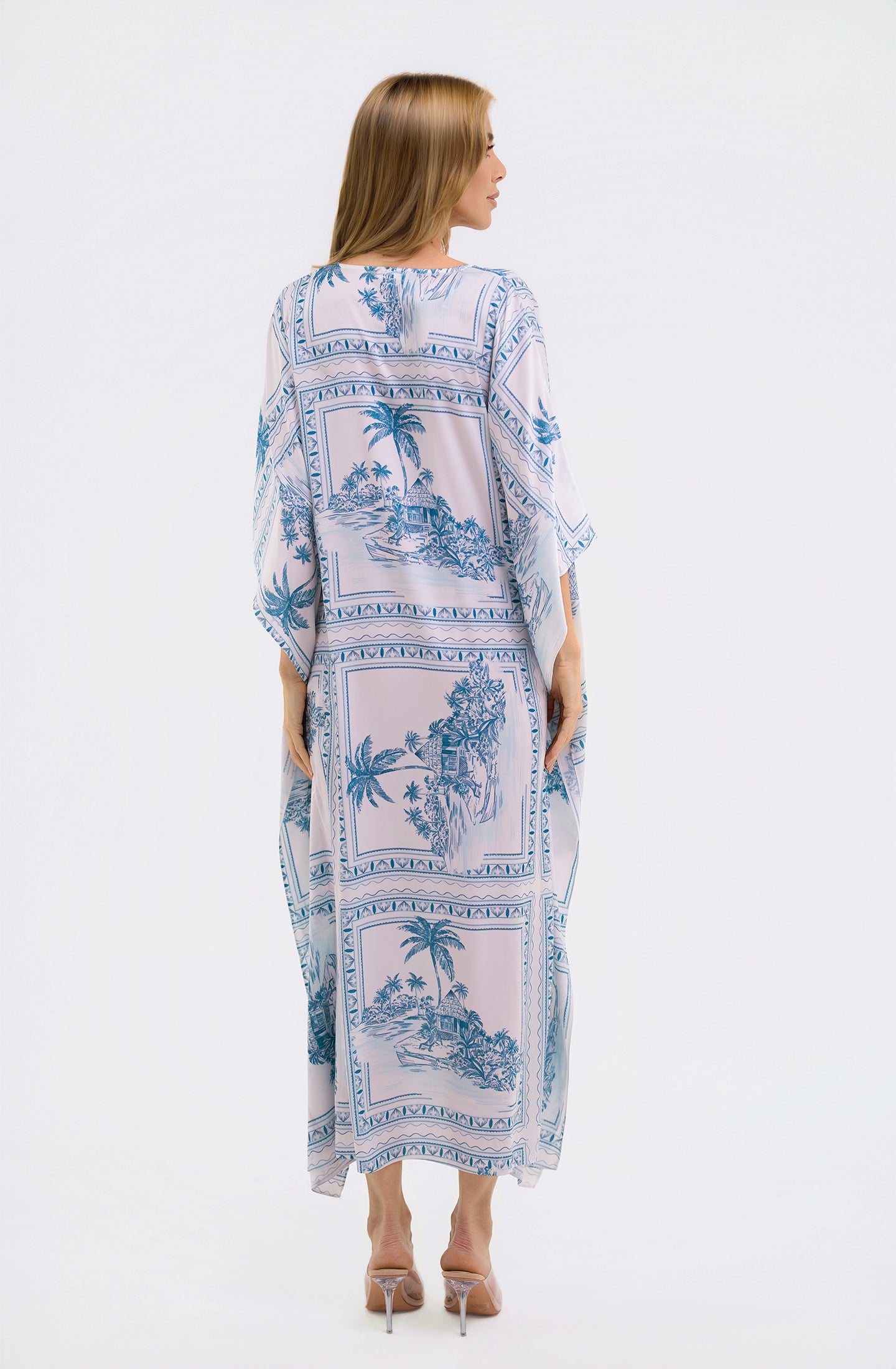 Bungalow Blue Long Caftan | Luxury Tropical Toile Resort Caftan