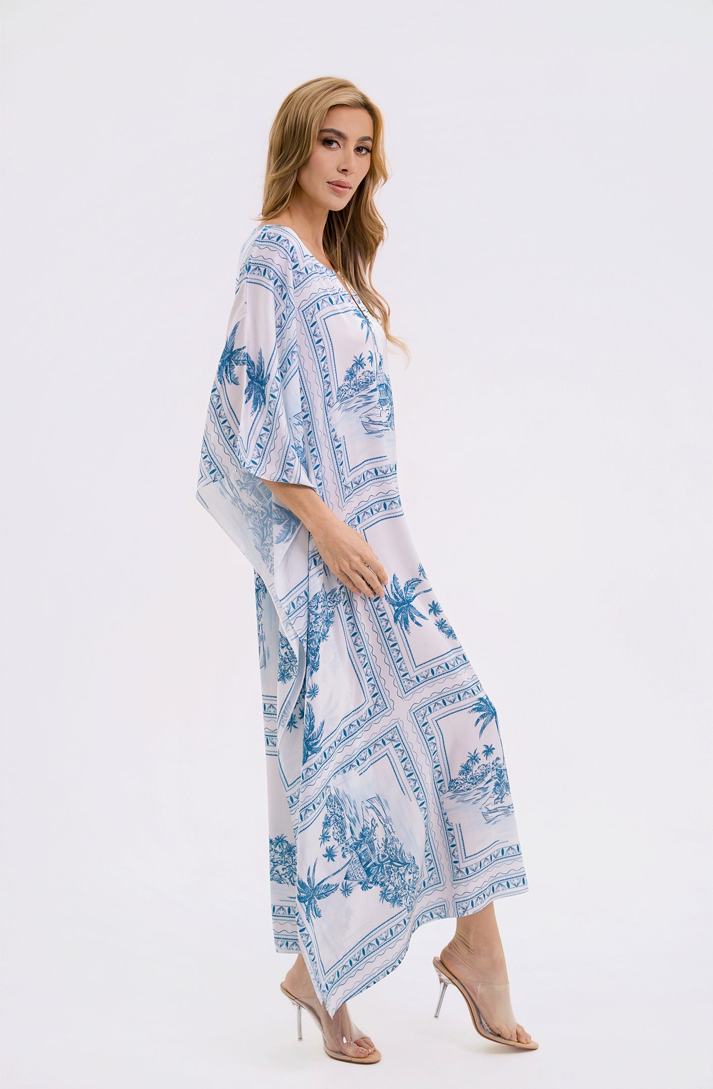 Bungalow Blue Long Caftan | Luxury Tropical Toile Resort Caftan