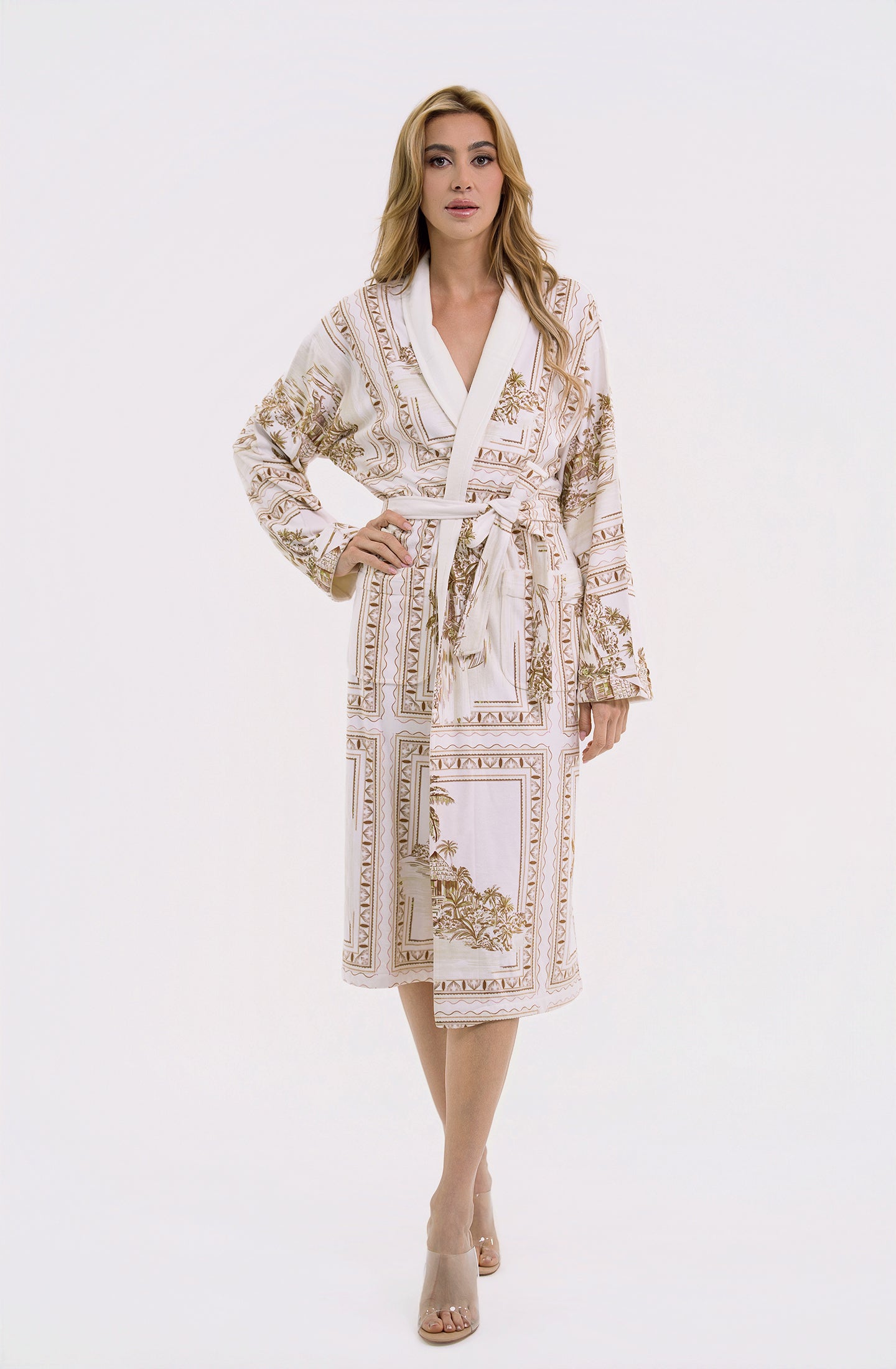 Bungalow Golden Brown Long Robe | Luxury Tropical Toile Resort Robe