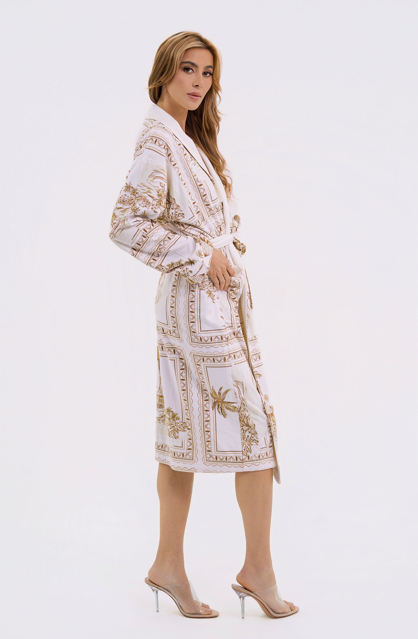 Bungalow Golden Brown Long Robe | Luxury Tropical Toile Resort Robe