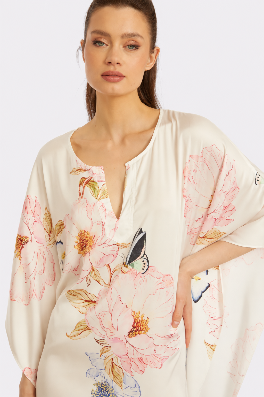 Florenza Long Caftan – Floral & Butterfly