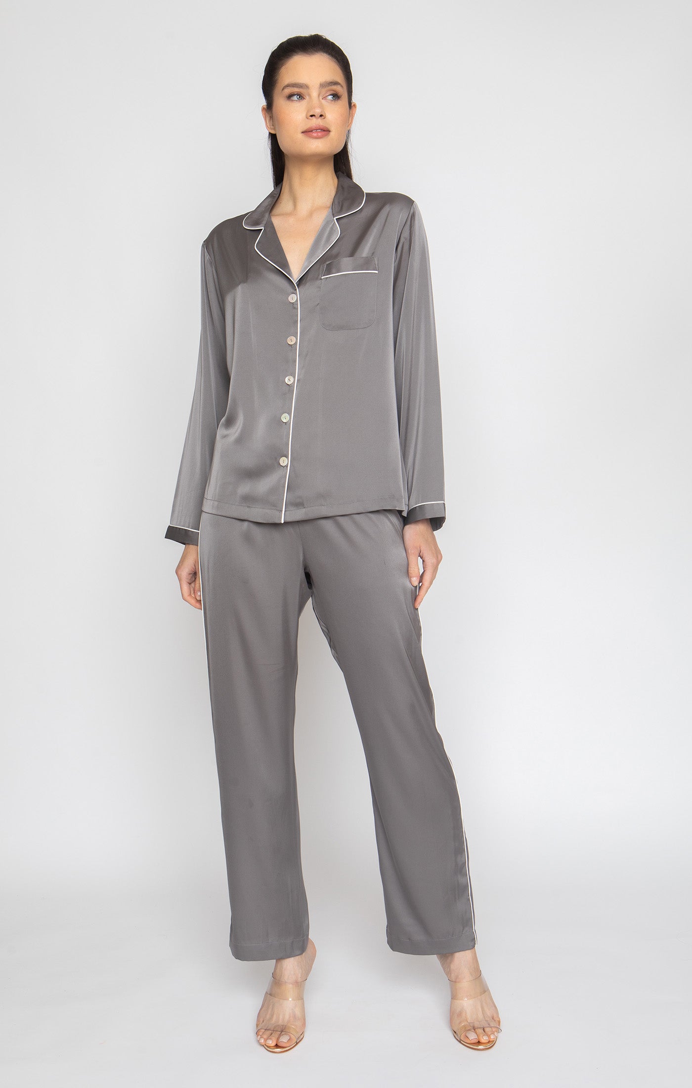 Smokey Grey Long Pajamas  Luxurious, Soft Poly Silk | WrapUpByVP M