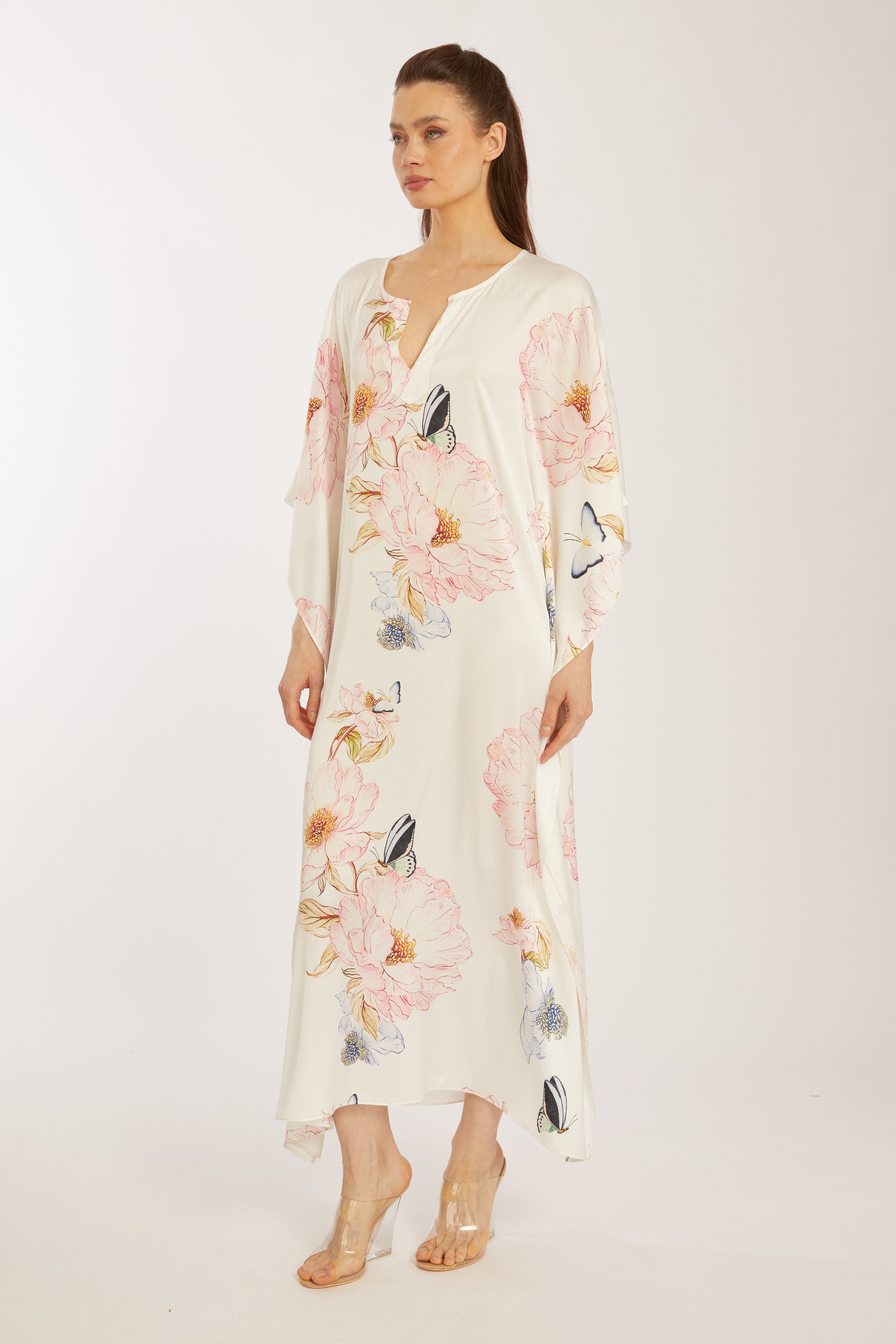 Florenza Long Caftan – Floral & Butterfly