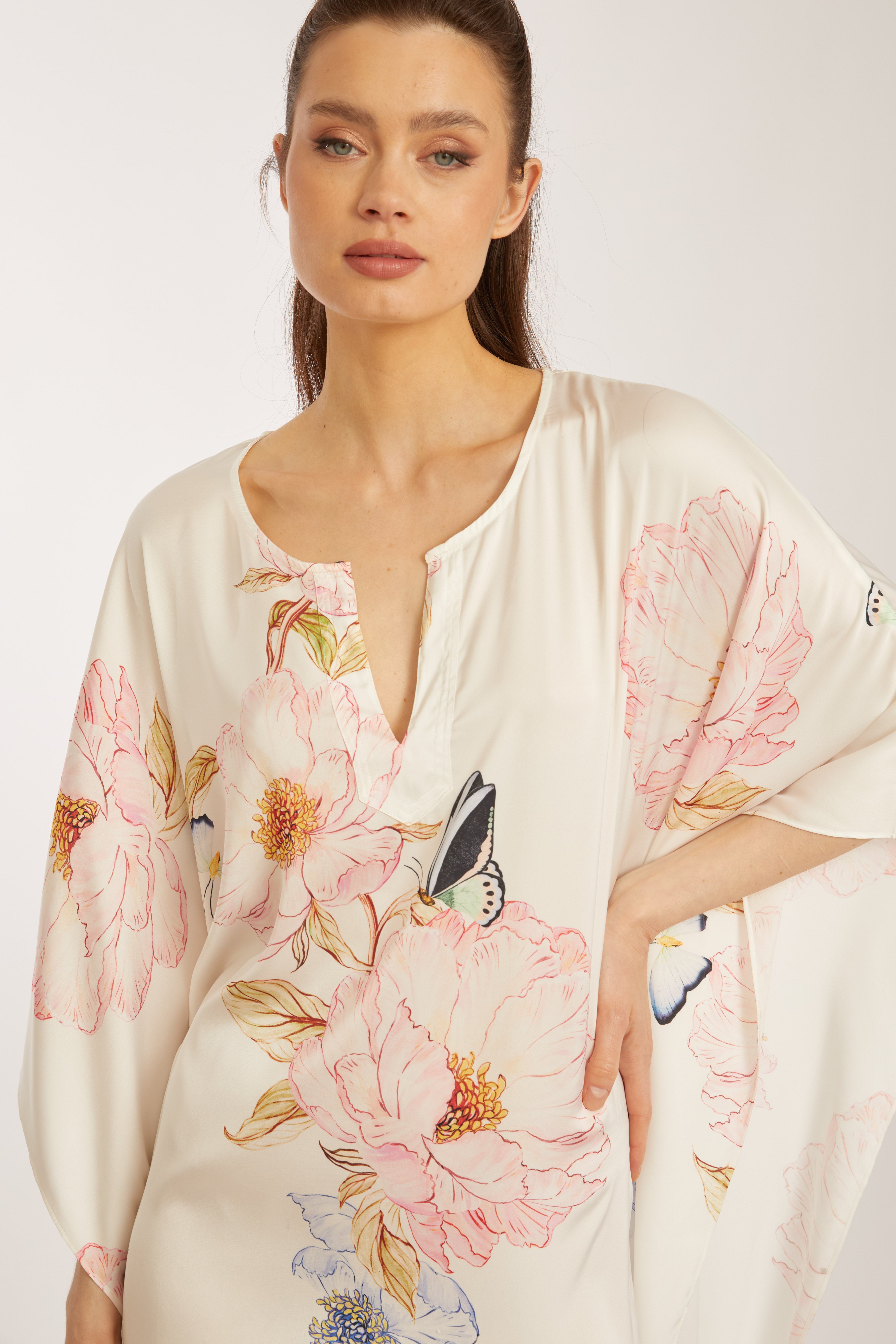 Florenza Long Caftan – Floral & Butterfly