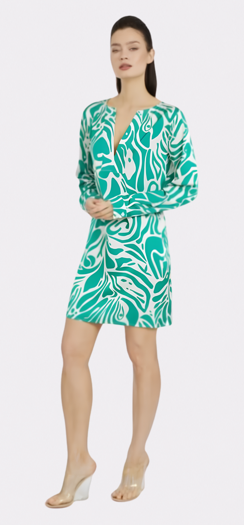 Maze Long Sleeve V-Neck Short Dress