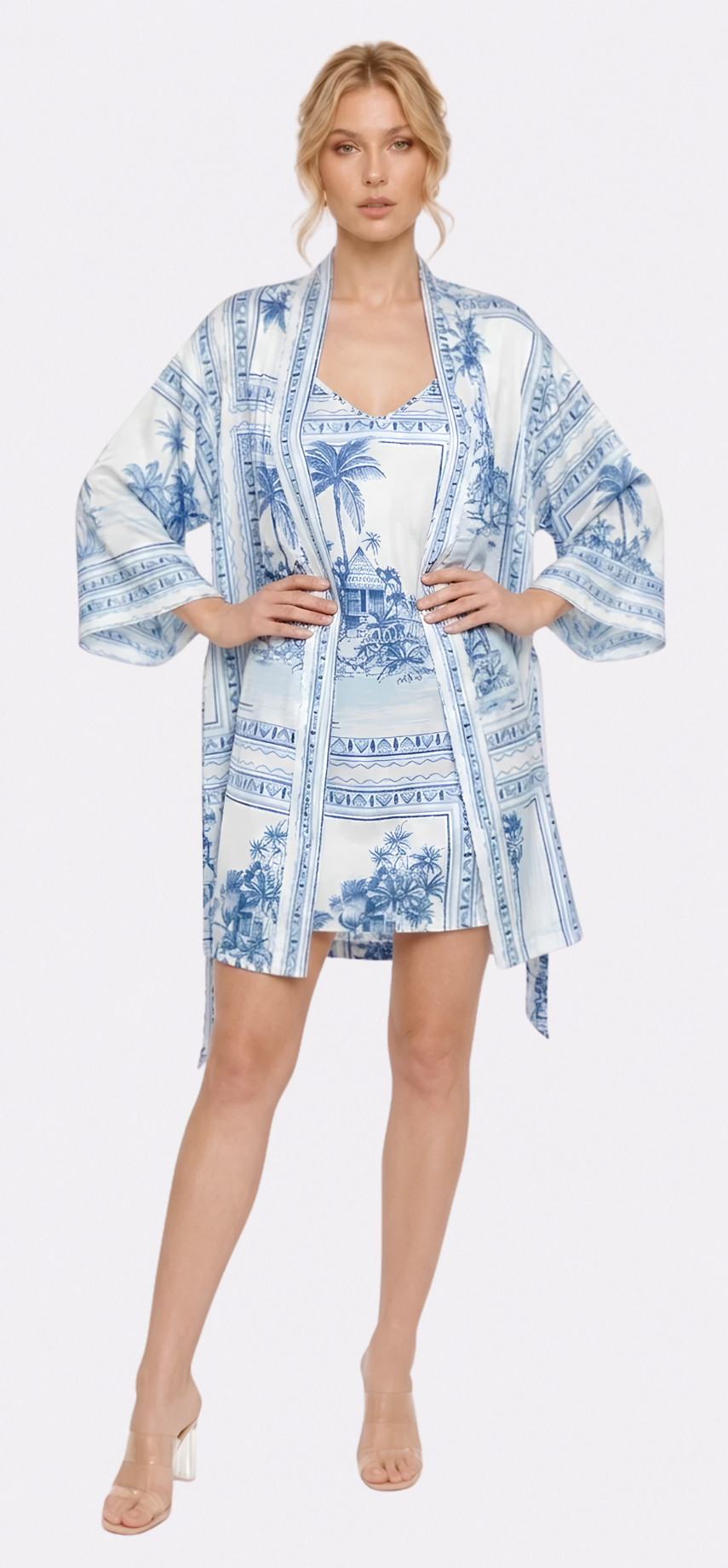 Bungalow Blue Poly-Silk Short Kimono Robe