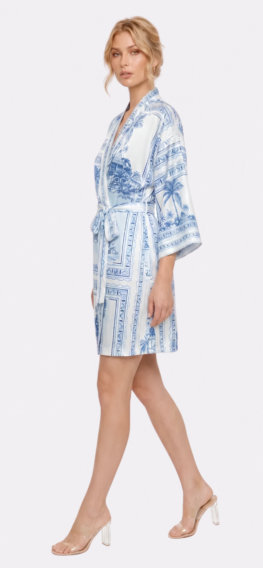 Bungalow Blue Poly-Silk Short Kimono Robe