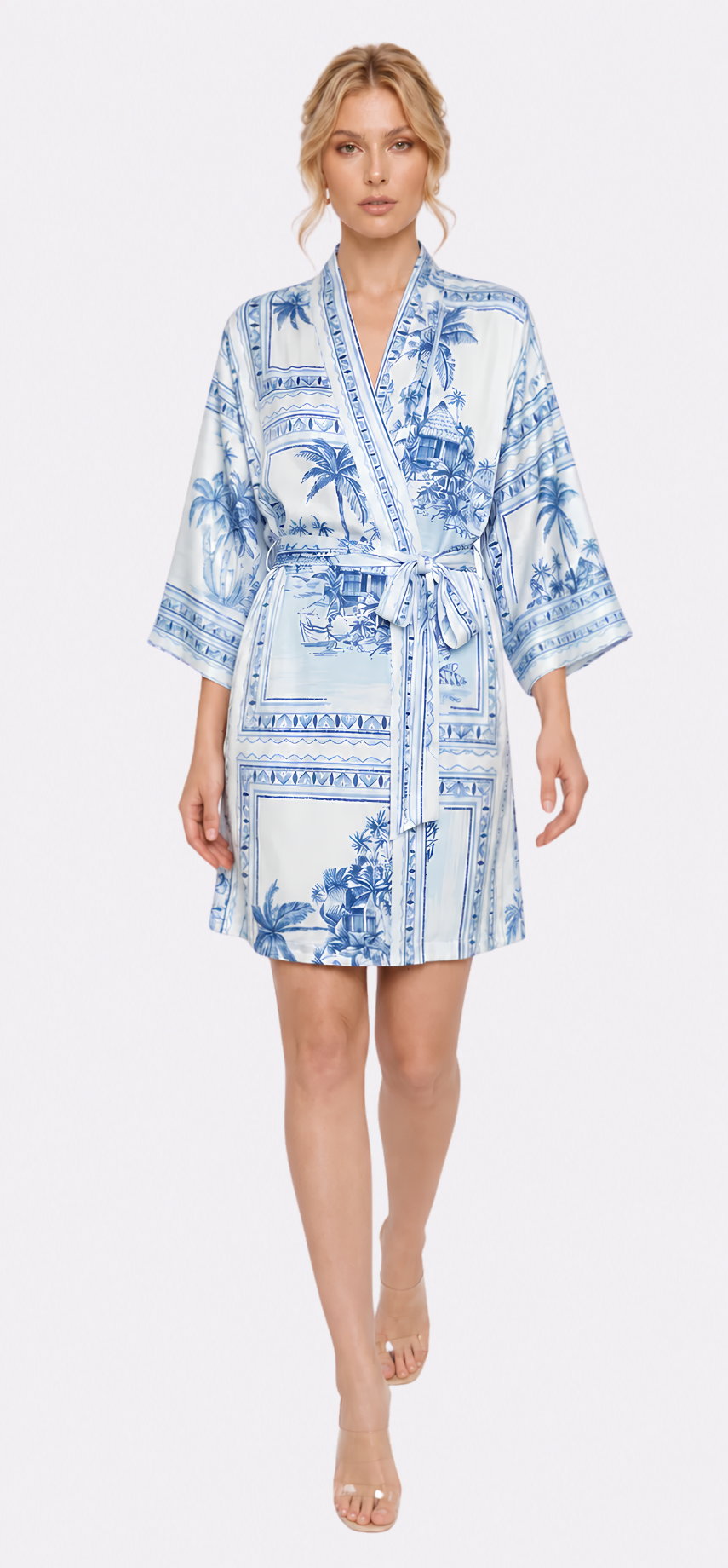 Bungalow Blue Poly-Silk Short Kimono Robe