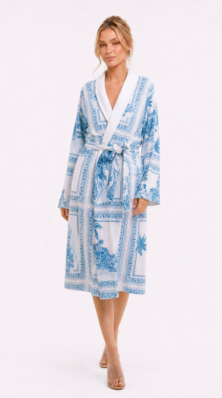 Bungalow Blue Long Robe | Luxury Blue Toile Spa Robe
