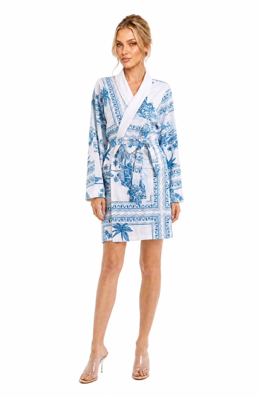 Bungalow Blue Short Robe | Luxury Tropical Toile Resort Robe