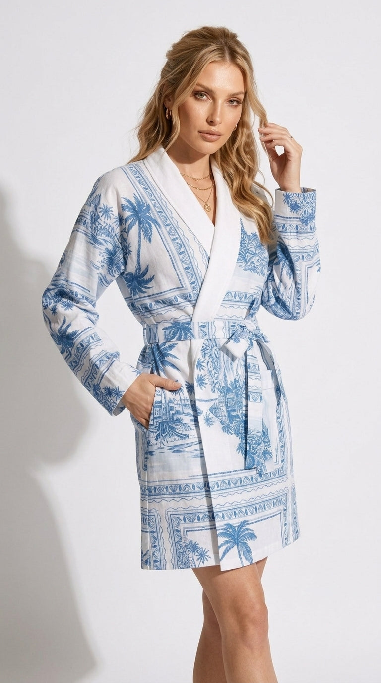 Bungalow Blue Short Robe | Luxury Tropical Toile Resort Robe