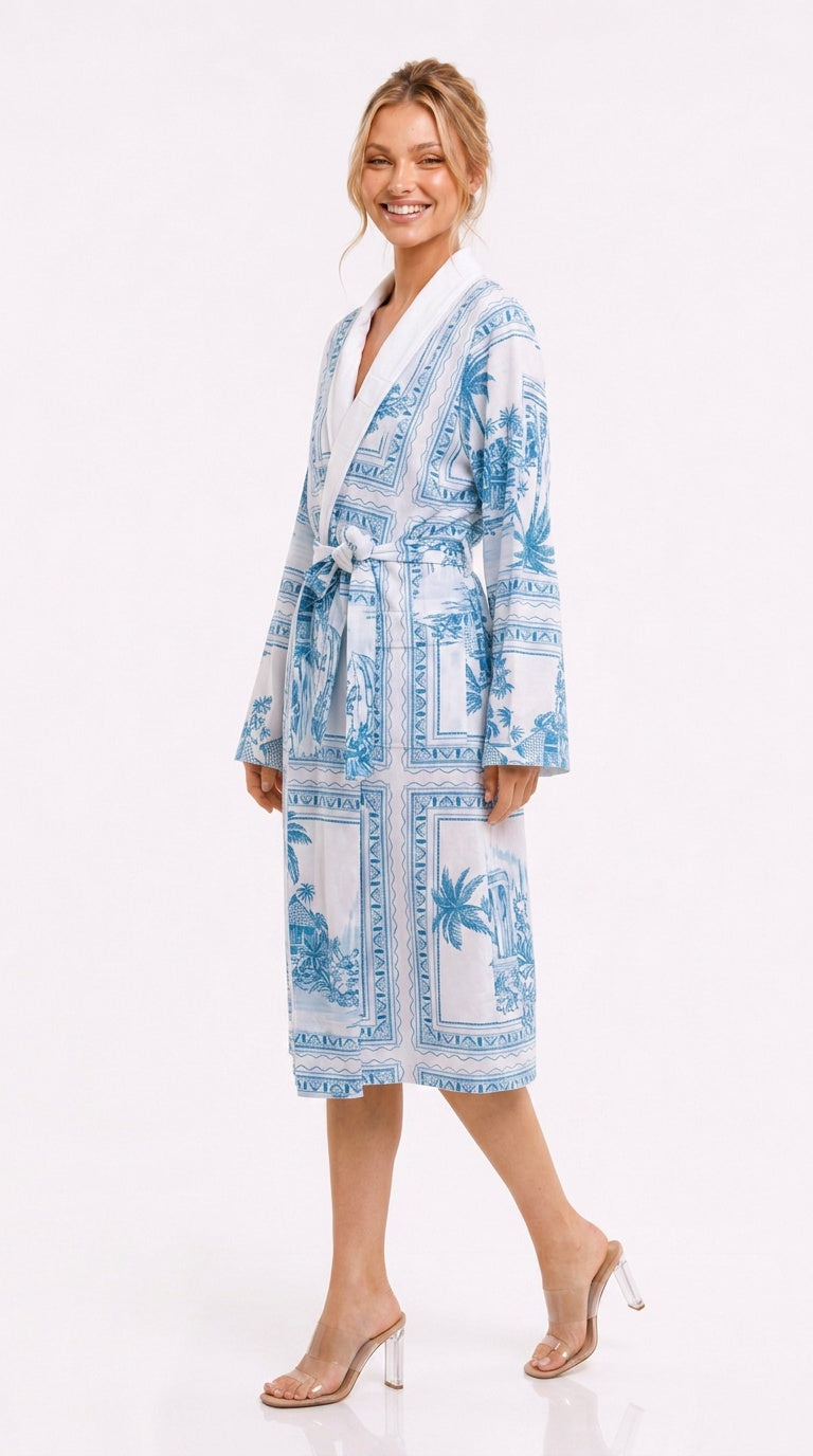 Bungalow Blue Long Robe | Luxury Blue Toile Spa Robe