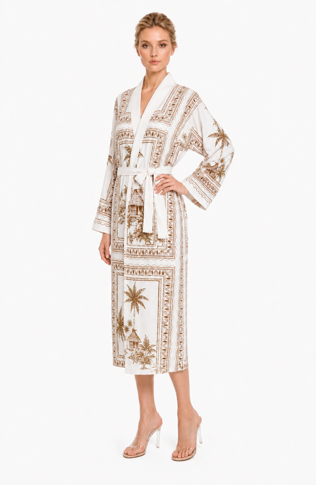 Bungalow Golden Brown Long Robe | Luxury Tropical Toile Resort Robe