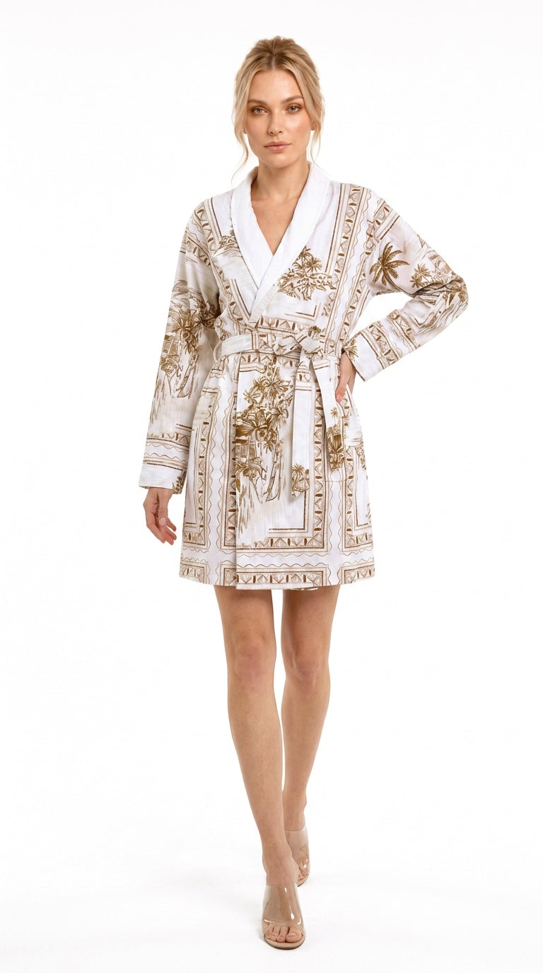 Bungalow Golden Brown Short Robe | Luxury Tropical Toile Resort Robe
