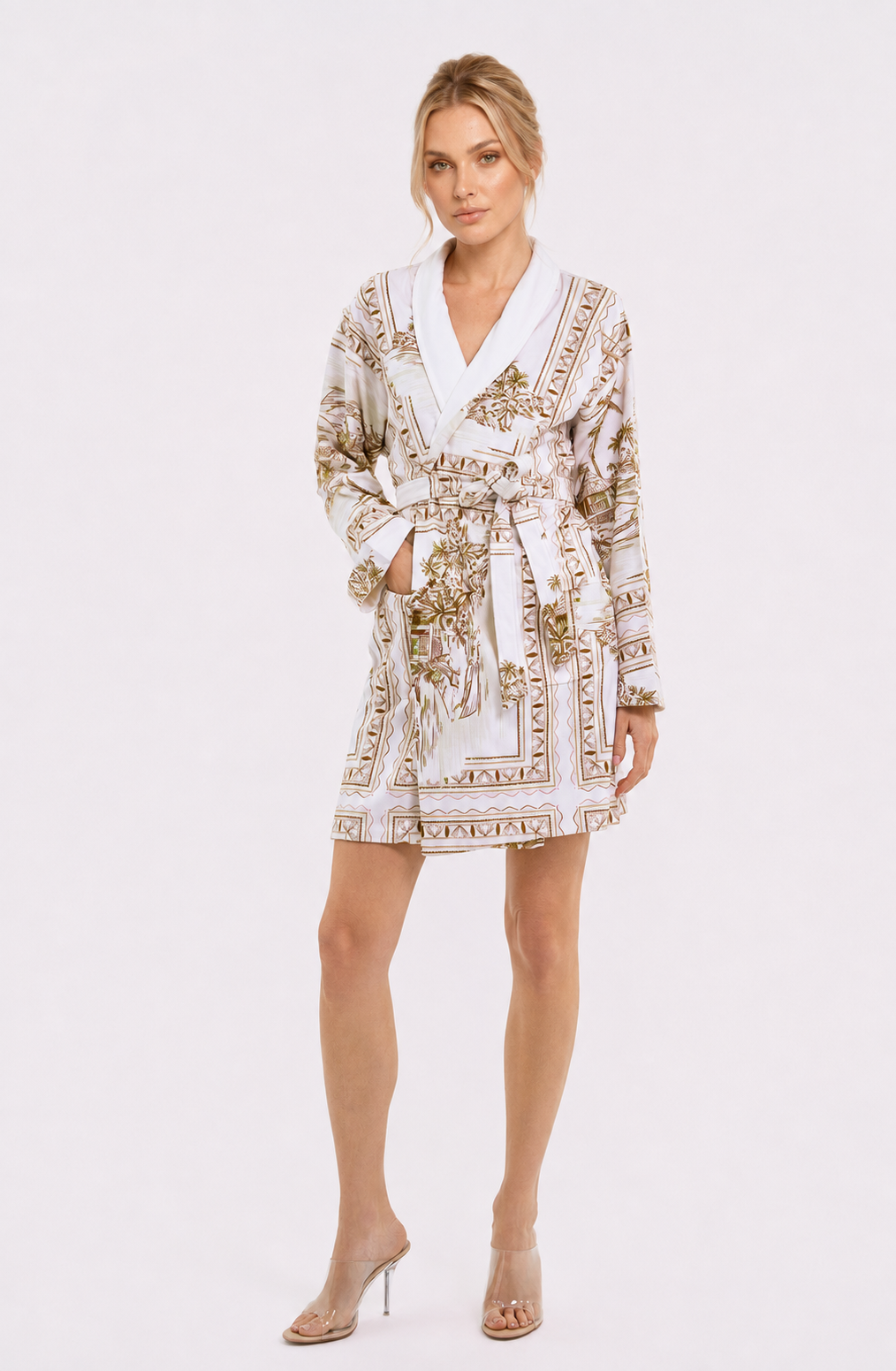 Bungalow Golden Brown Short Robe | Luxury Tropical Toile Resort Robe