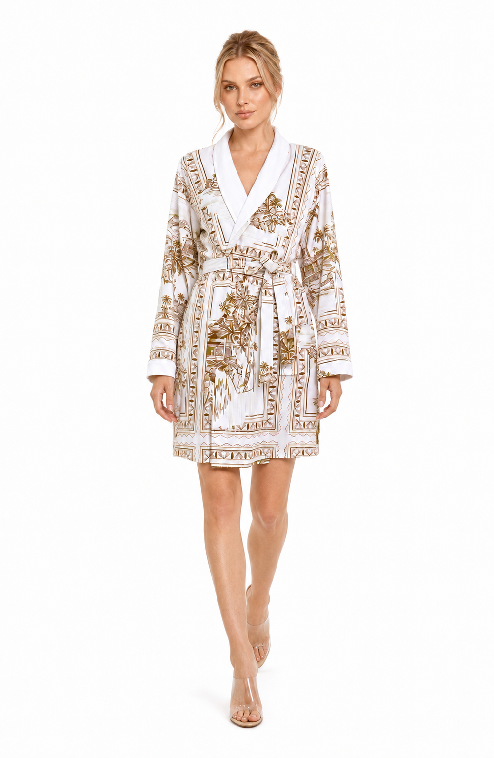 Bungalow Golden Brown Short Robe | Luxury Tropical Toile Resort Robe