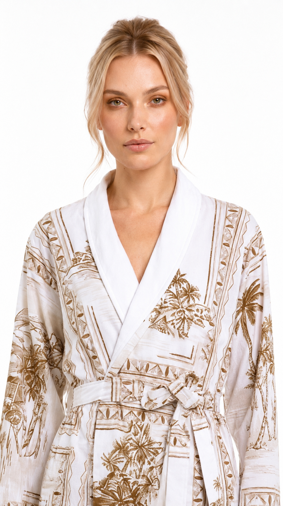 Bungalow Golden Brown Short Robe | Luxury Tropical Toile Resort Robe