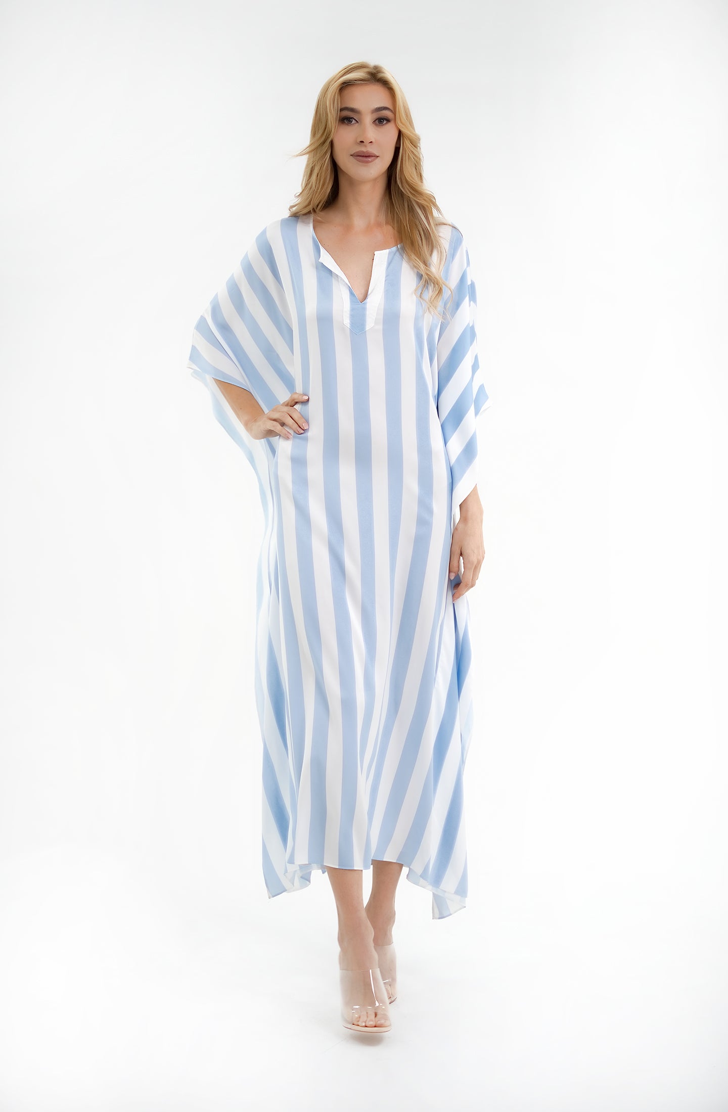 Cabana Blue Long Caftan | Luxury Striped Resort Caftan