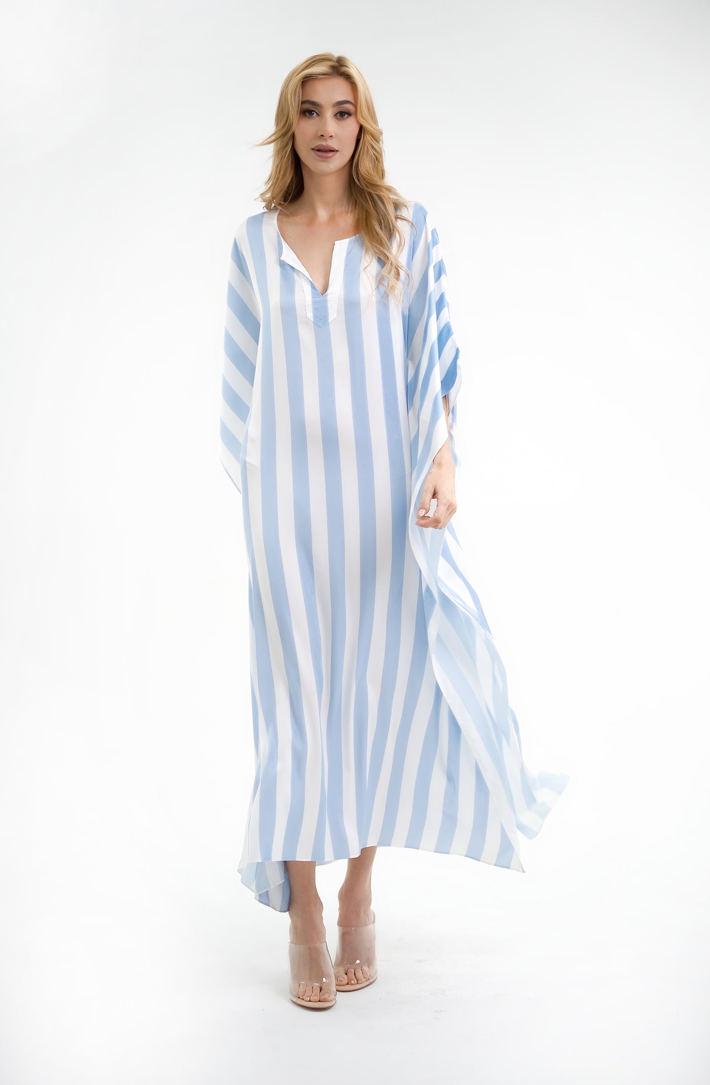Cabana Blue Long Caftan | Luxury Striped Resort Caftan
