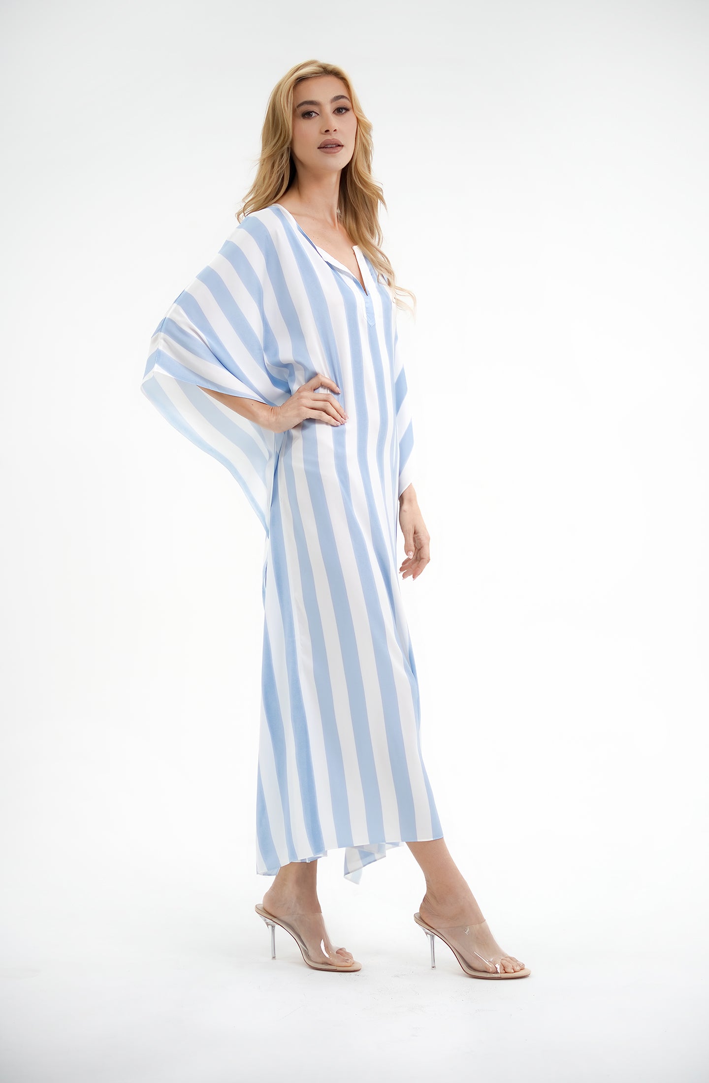 Cabana Blue Long Caftan | Luxury Striped Resort Caftan