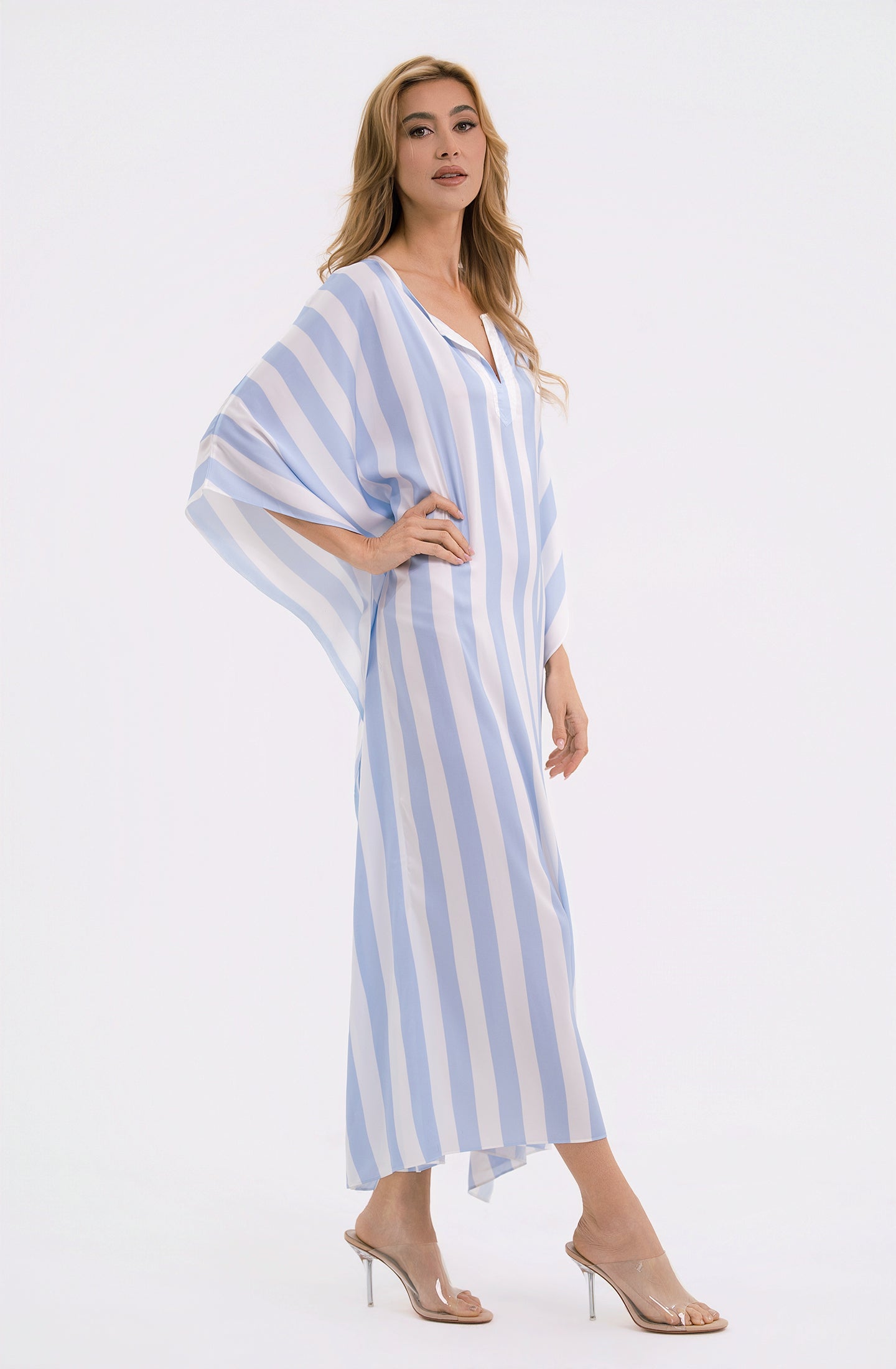 Cabana Blue Long Caftan | Luxury Striped Resort Caftan